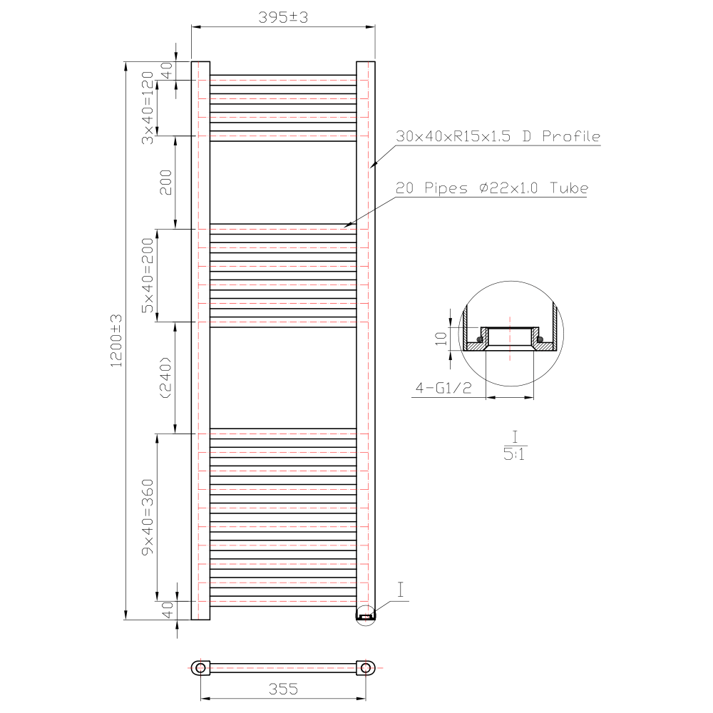 Brenton Chrome Straight Heated Towel Radiator - 22mm - 1200 x 400mm