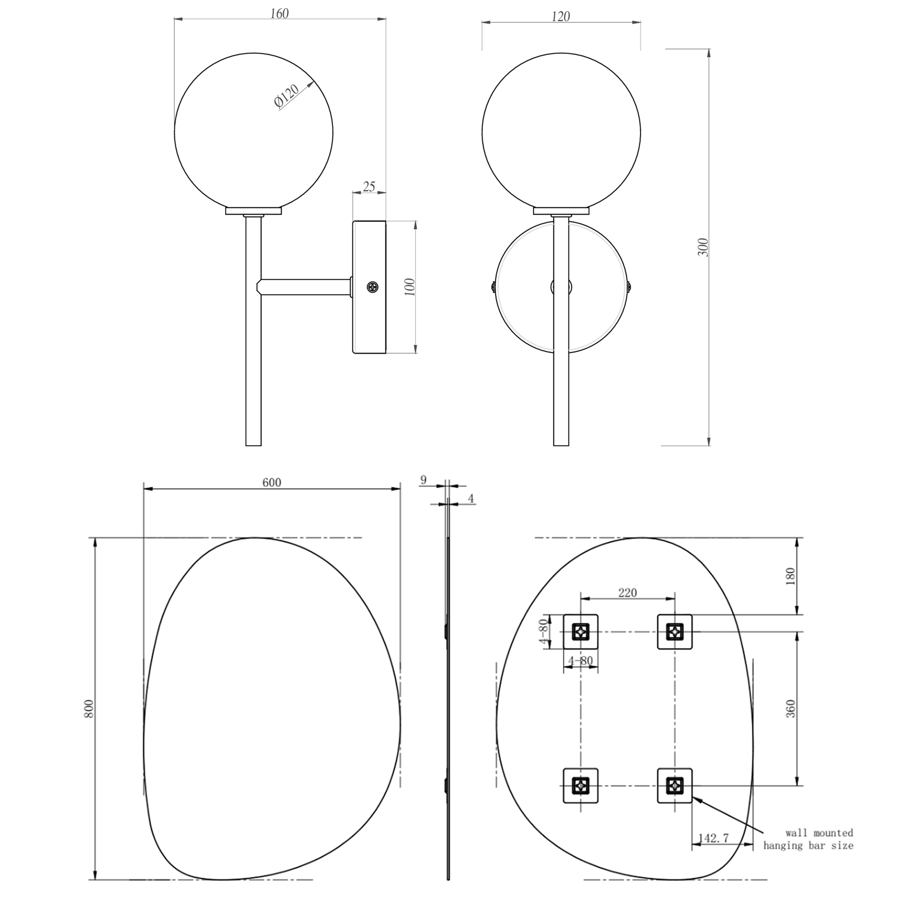 Organics Slim Mirror with Set Of 2 Glass Globe Wall Lights