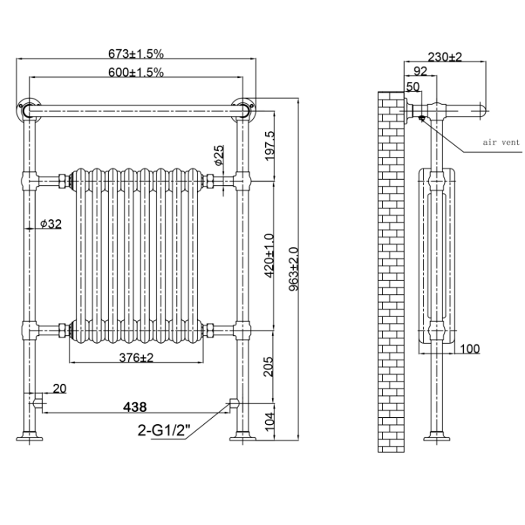 Toasty Penrose Brushed Brass Traditional Heated Towel Rail - 965 x 675mm