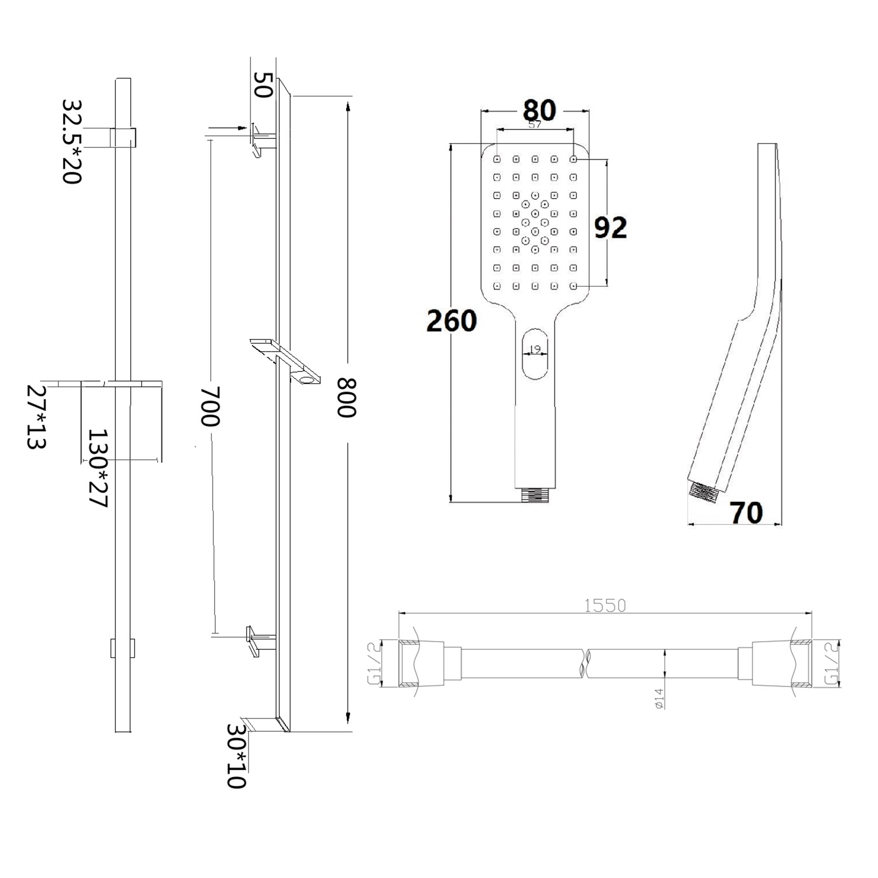 Harbour Status Matt Black Slide Rail Shower Kit with Square Shower Handset & Hose