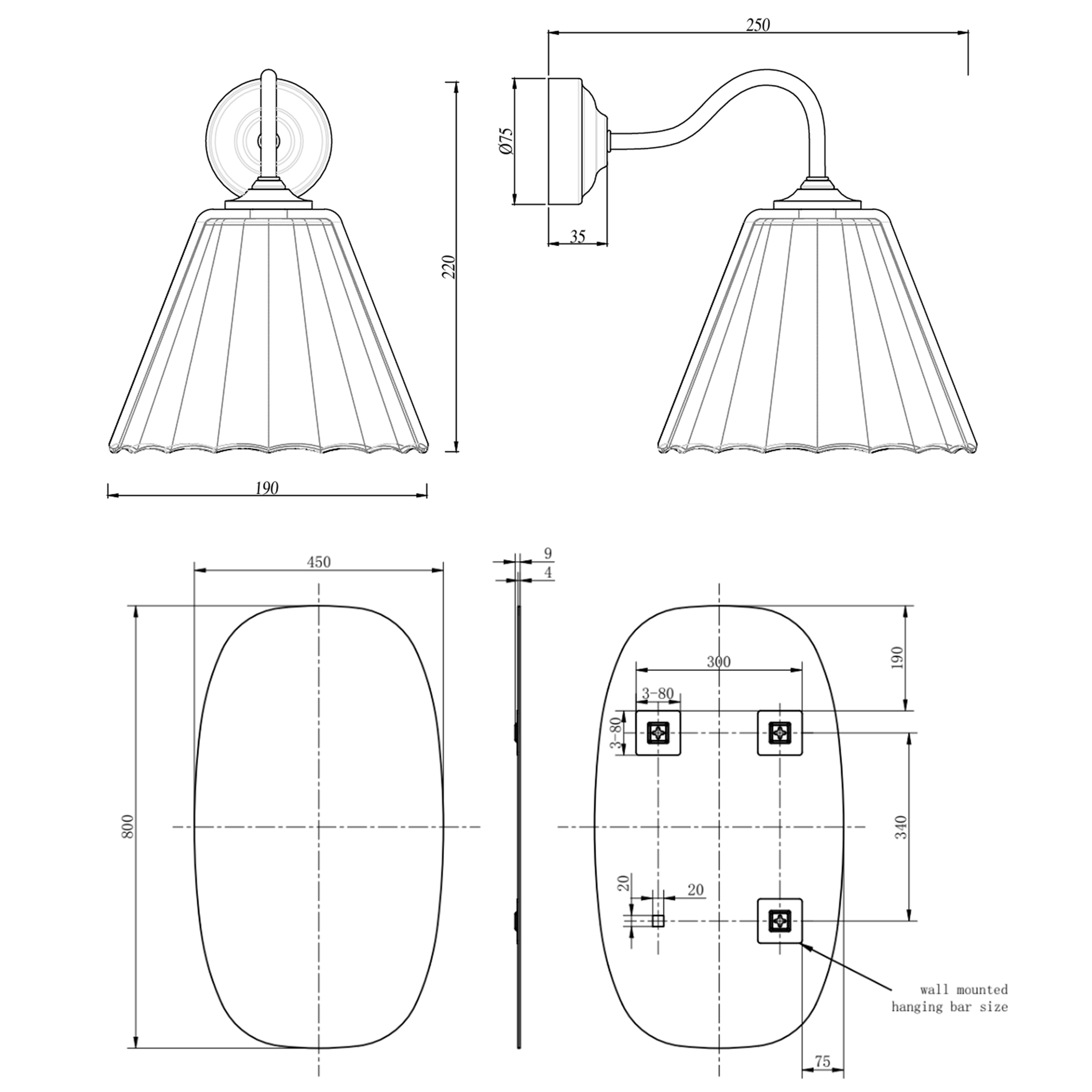 Arc Barrel Mirror with Set Of 2 Fluted Glass Wall Shade Lights