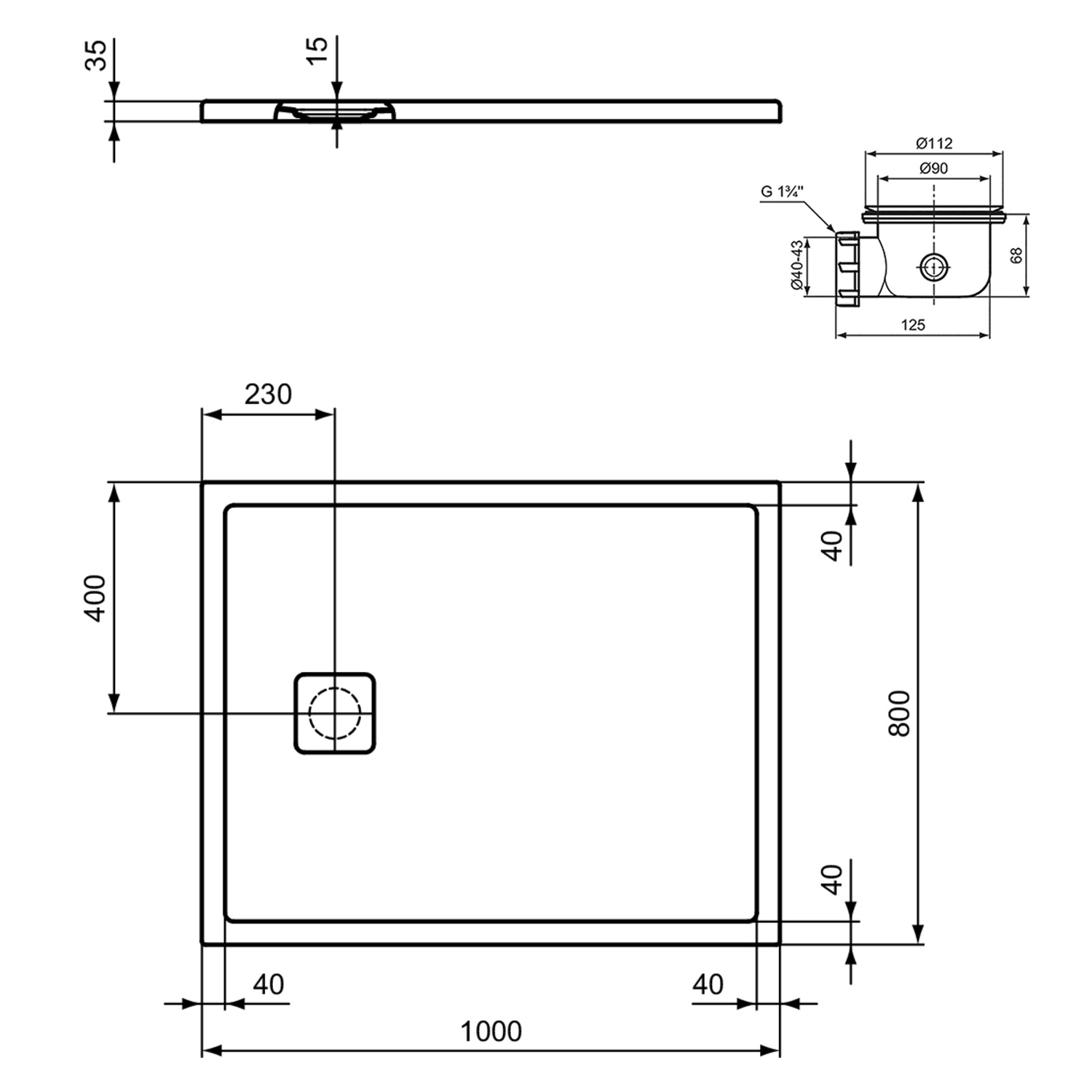 Ideal Standard Ultra Flat Evo Rectangular Anti-Slip Acrylic Shower Tray with End Waste - 5 Sizes