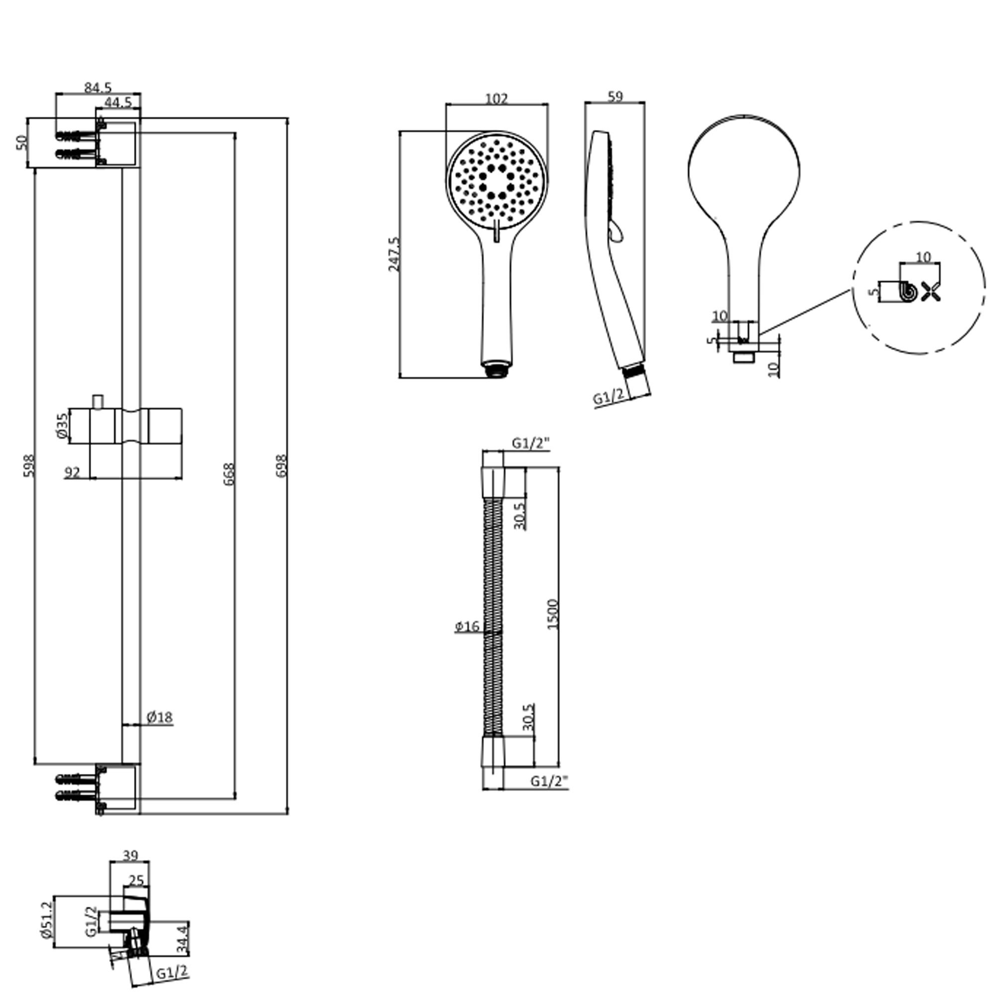 Crosswater Sliding Rail Shower Kit with Wall Outlet & Hose