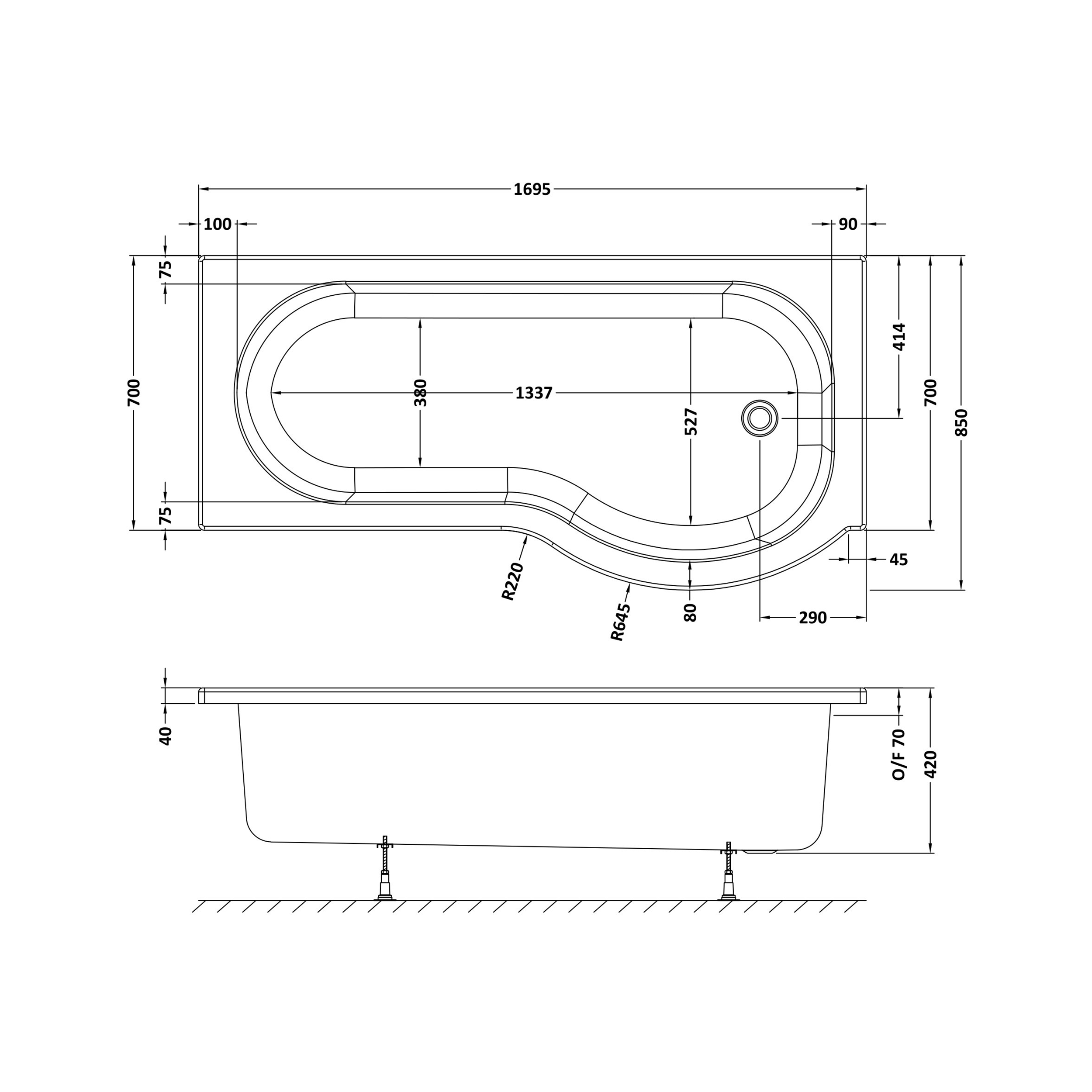 Drench P Shaped Shower Bath & Optional Panel - 1700mm