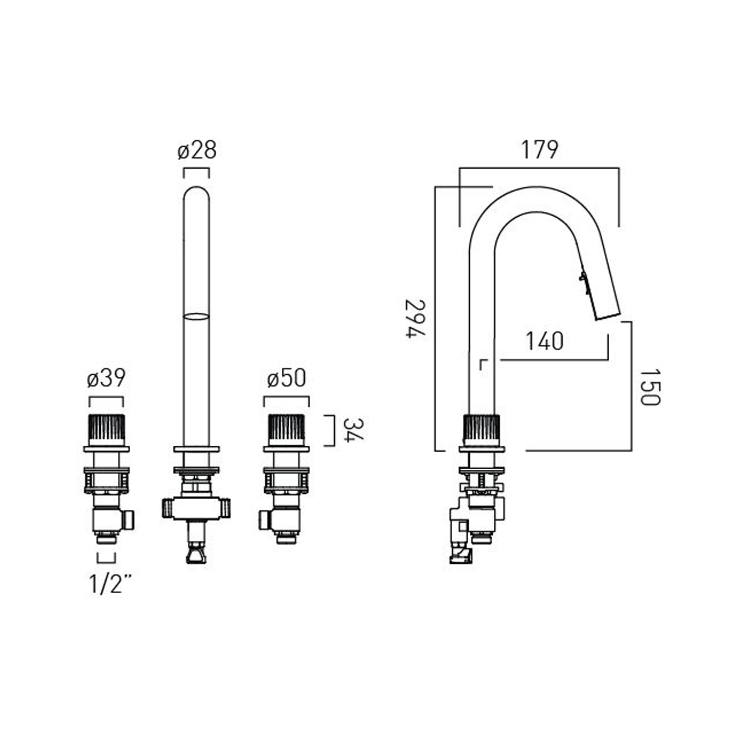 Vado Safari 3 Hole Leverless Deck Mounted Basin Mixer Tap with Pull Out Spout