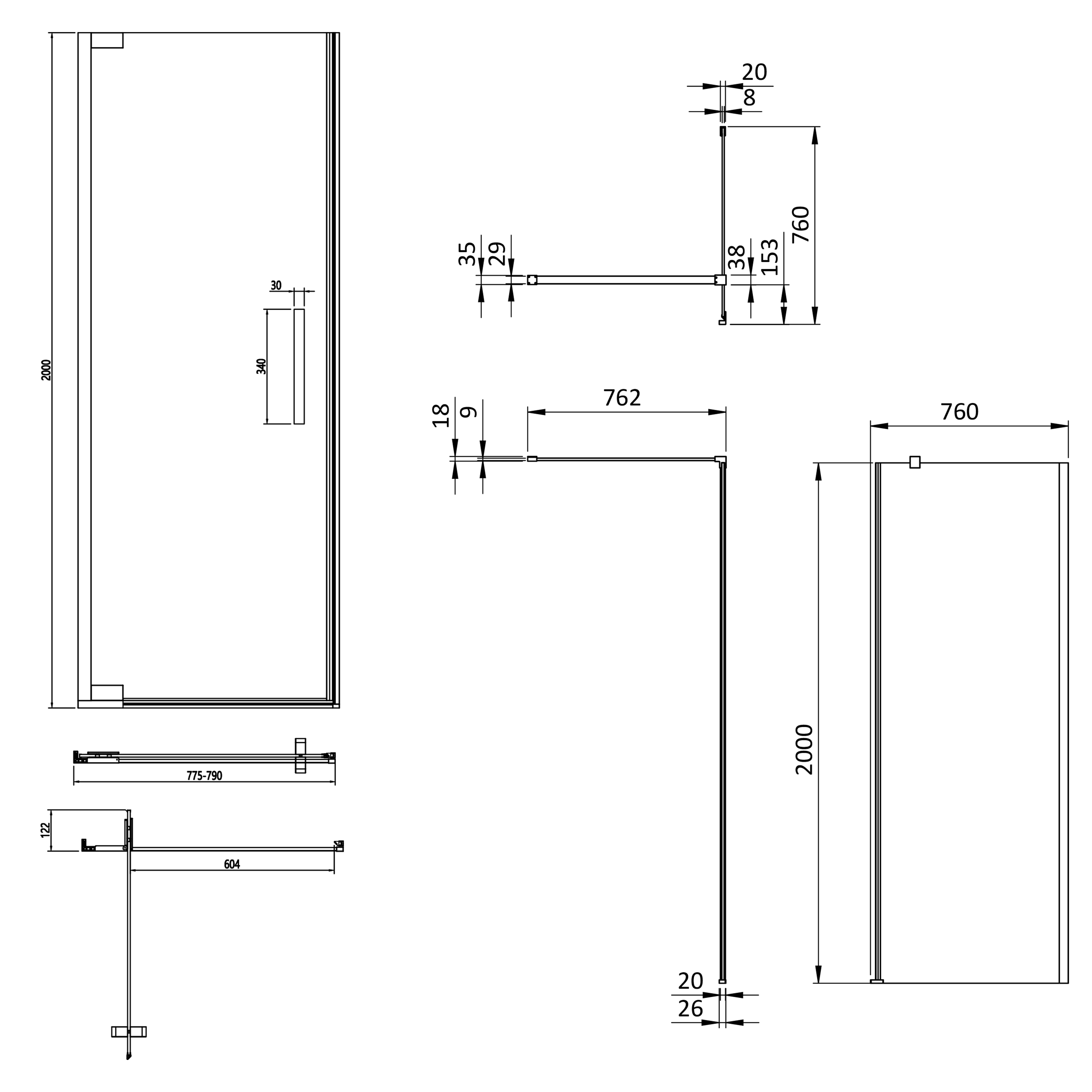 Crosswater Asura 8mm Brushed Brass Hinged Shower Door & Optional Side Panel