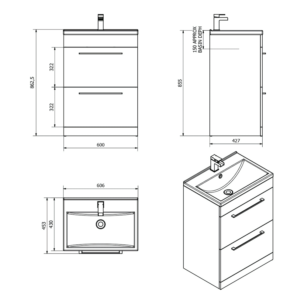 Vellamo Aspire 600mm Floorstanding 2 Drawer Vanity Unit & Basin - Gloss Grey