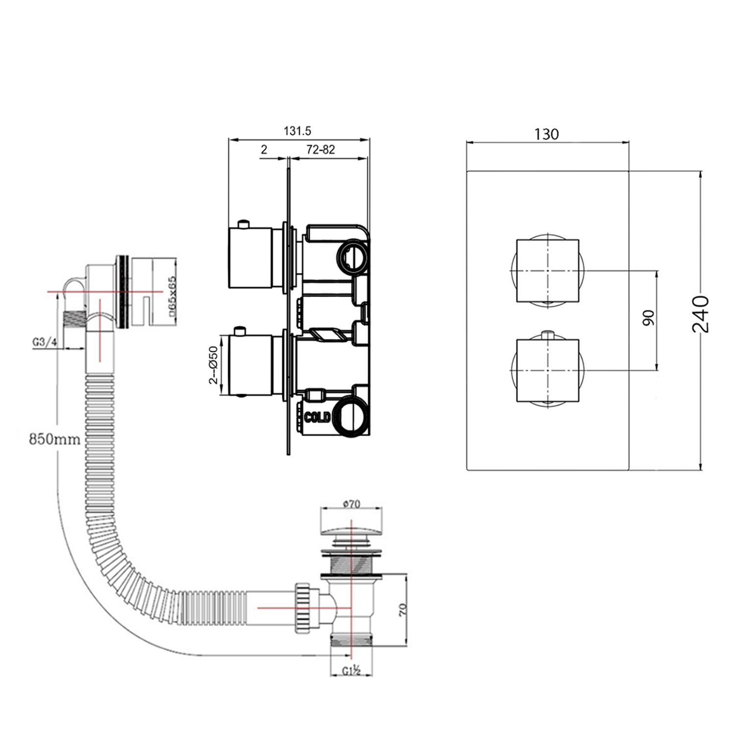 Jake Concealed Shower Valve, Fixed Shower Head & Overflow Bath Filler