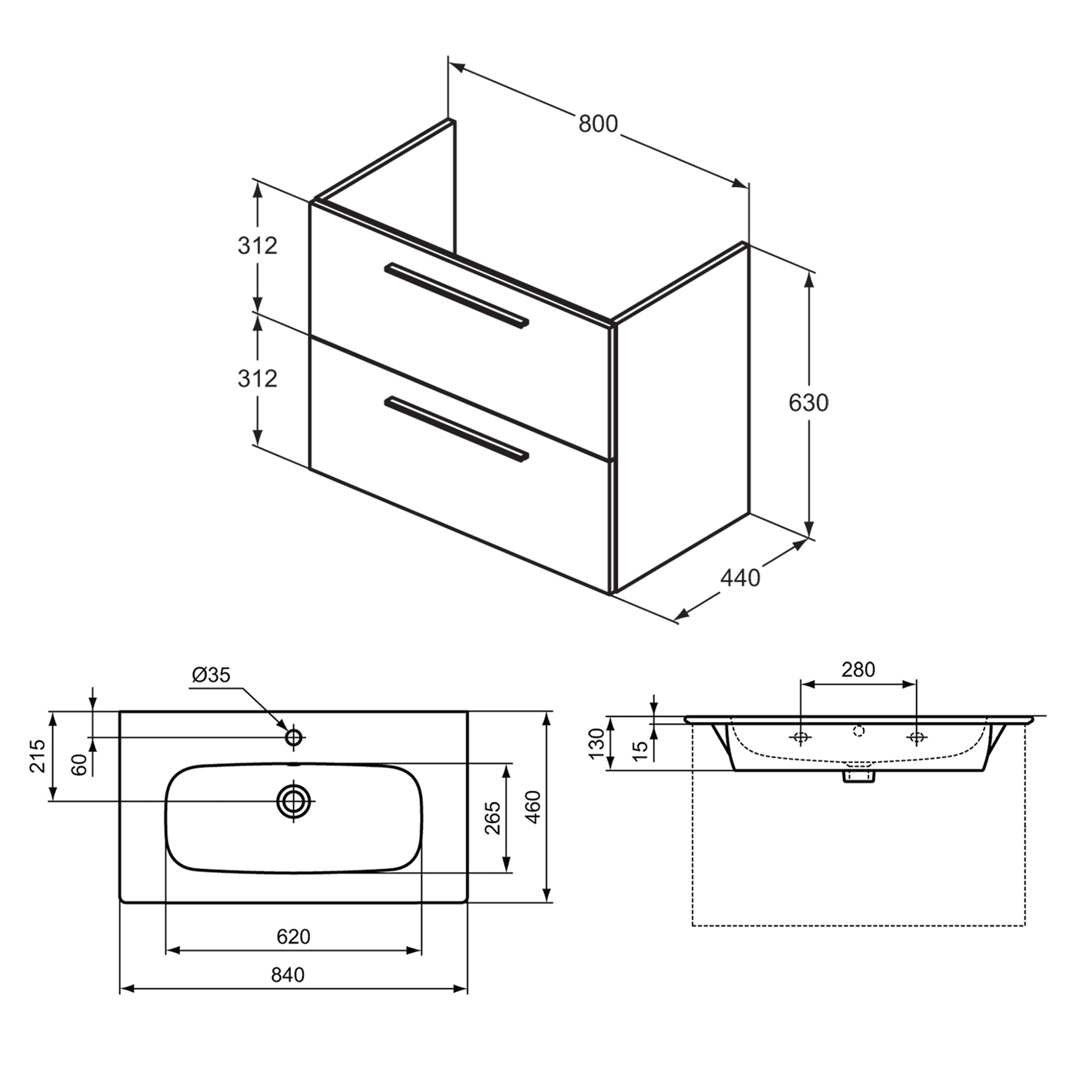 Ideal Standard i.life A 840mm Wall Mounted 2 Drawer Vanity Unit & Basin