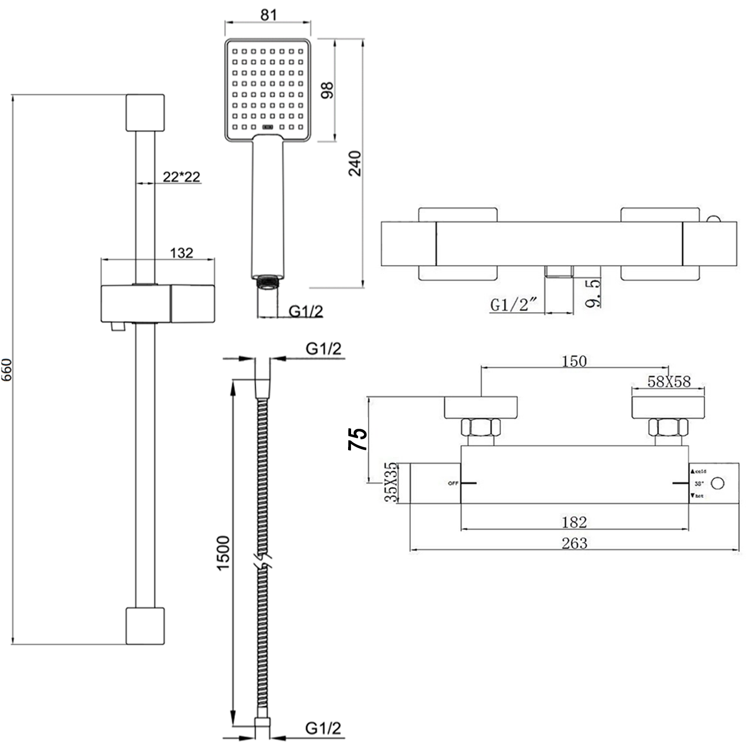 Harbour Status Matt Black Exposed Thermostatic Bar Shower Valve and Shower Rail Kit