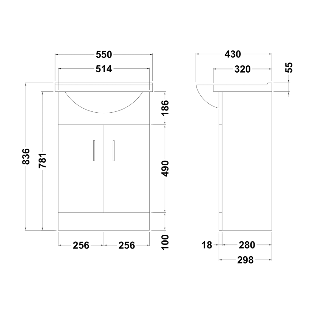 Vellamo Alpine 550mm Floorstanding Vanity Unit & Basin - Gloss White
