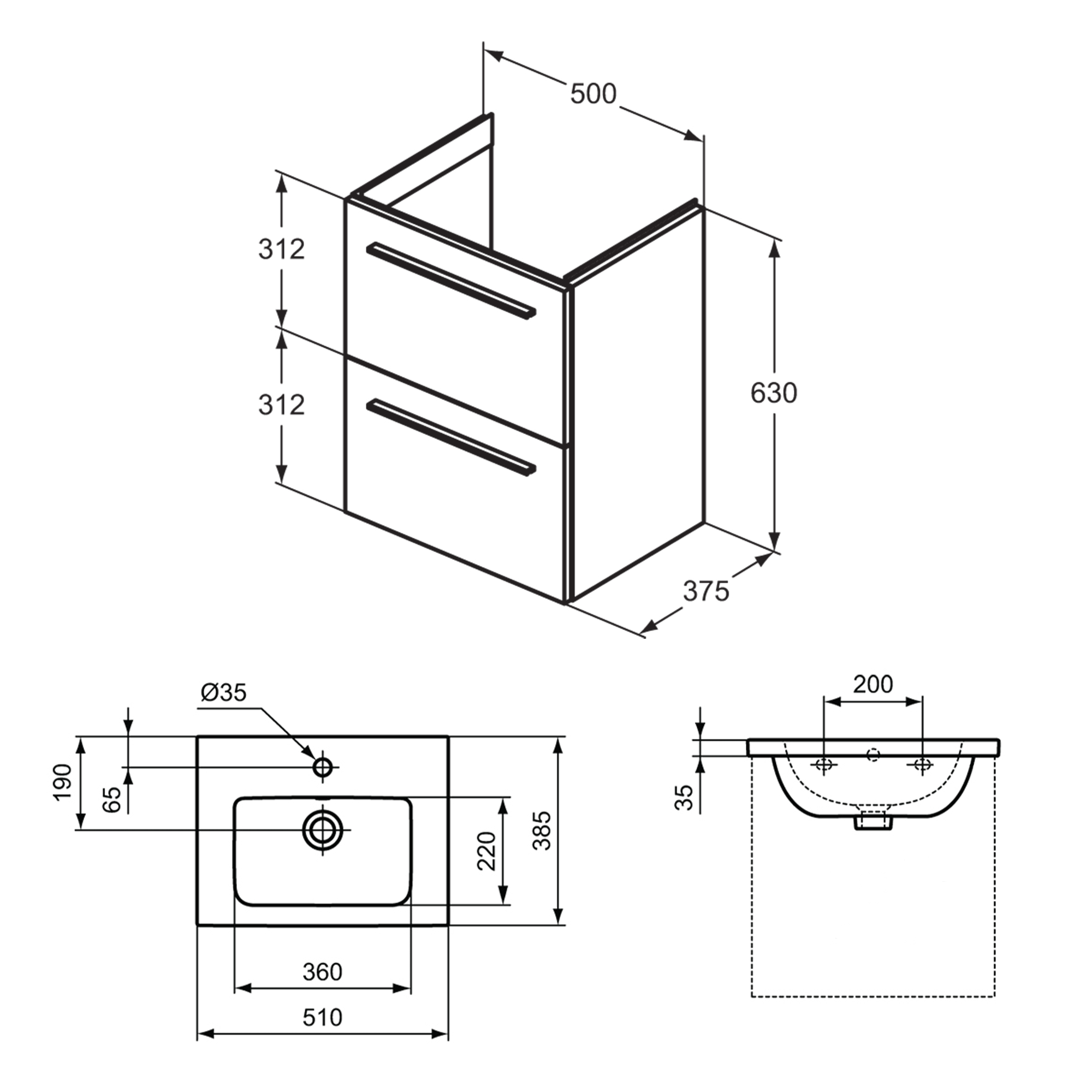 Ideal Standard i.life S 500mm Wall Mounted 2 Drawer Compact Vanity Unit & Basin
