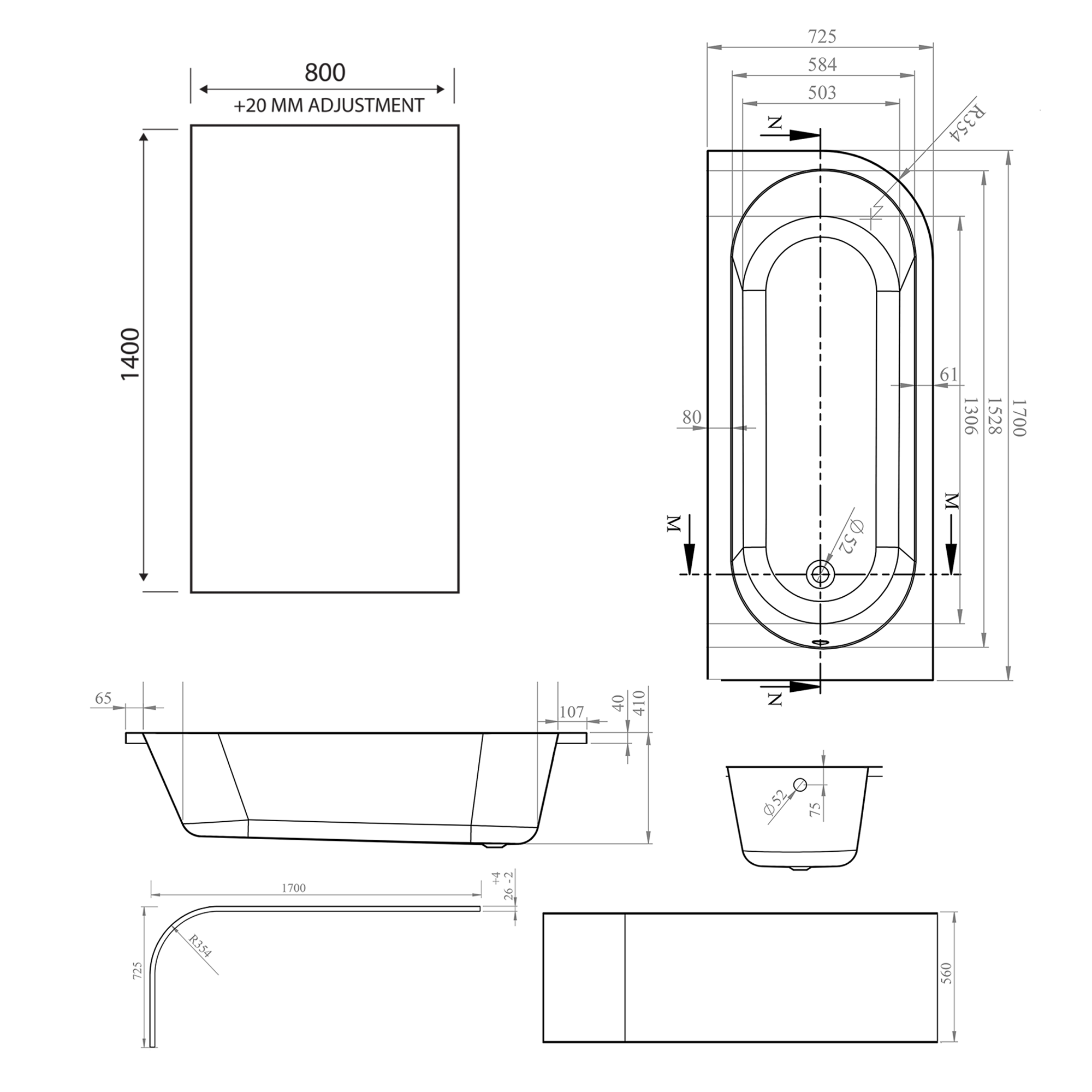 Armourcast Reinforced J Shaped Shower Bath with Panel & Matt Black Shower Screen - 1700mm