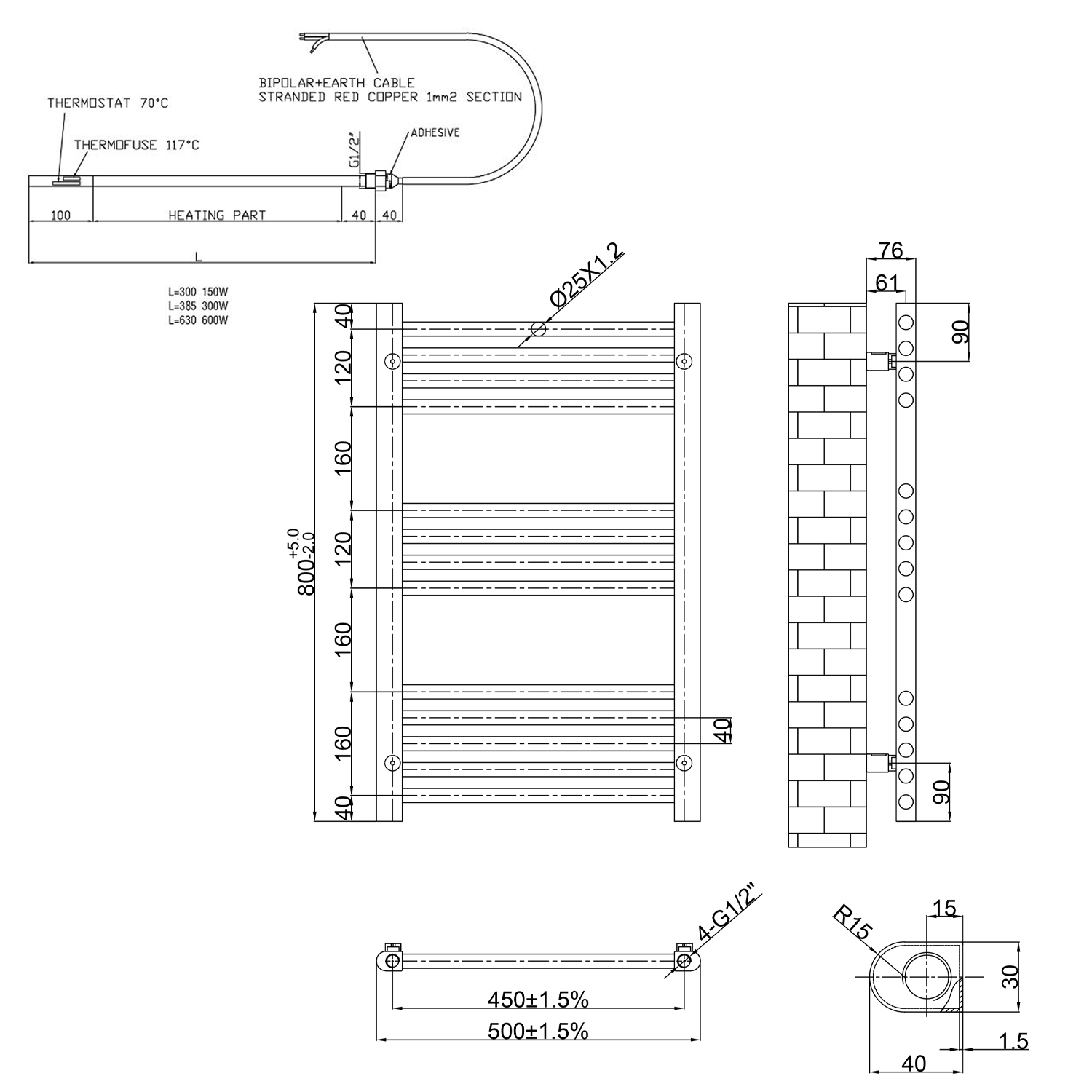 Toasty Glow Premium Matt White 25mm Electric Heated Towel Rail with Heating Element