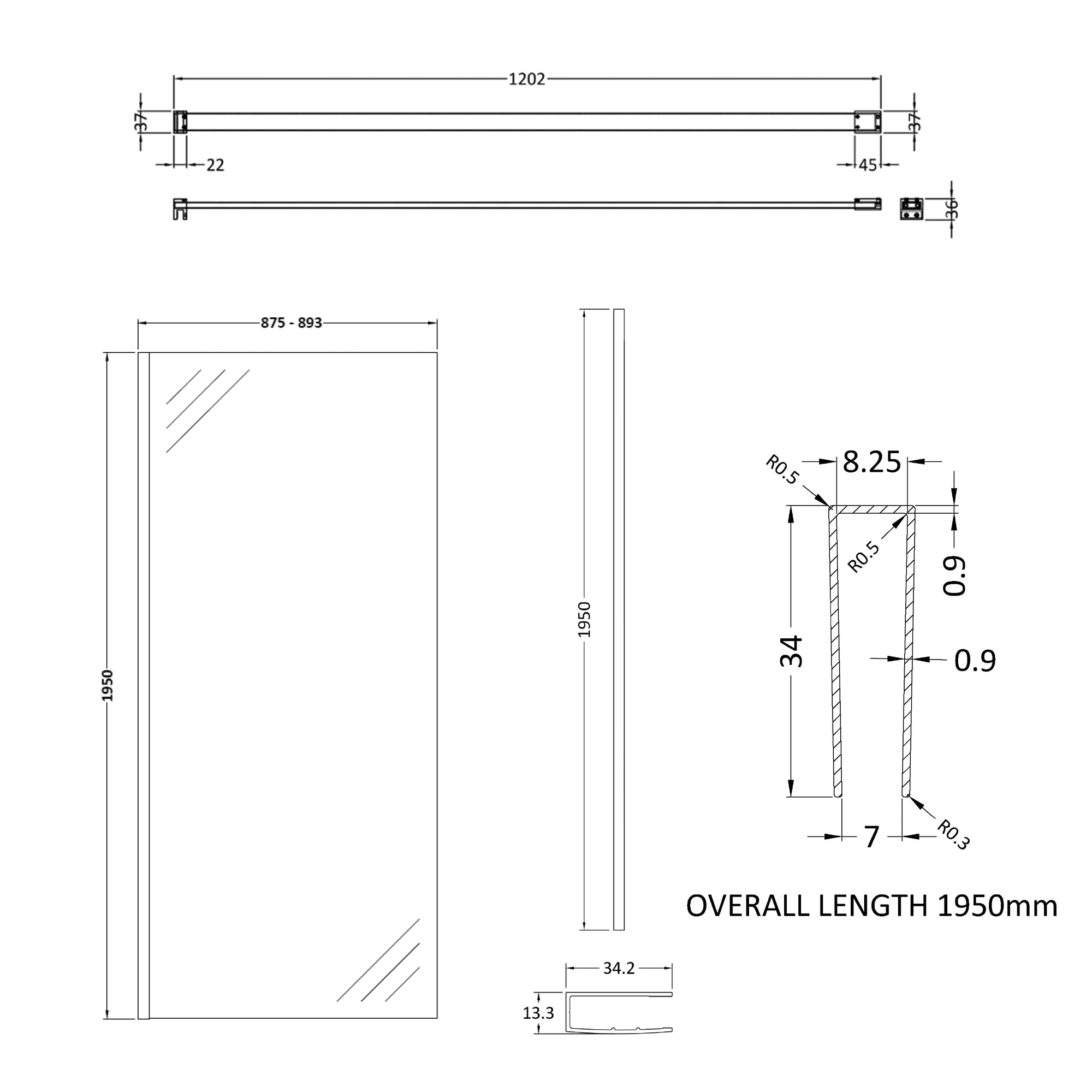 Harbour Frame Matt Black Walk in Glass Shower Screen with Support Bar