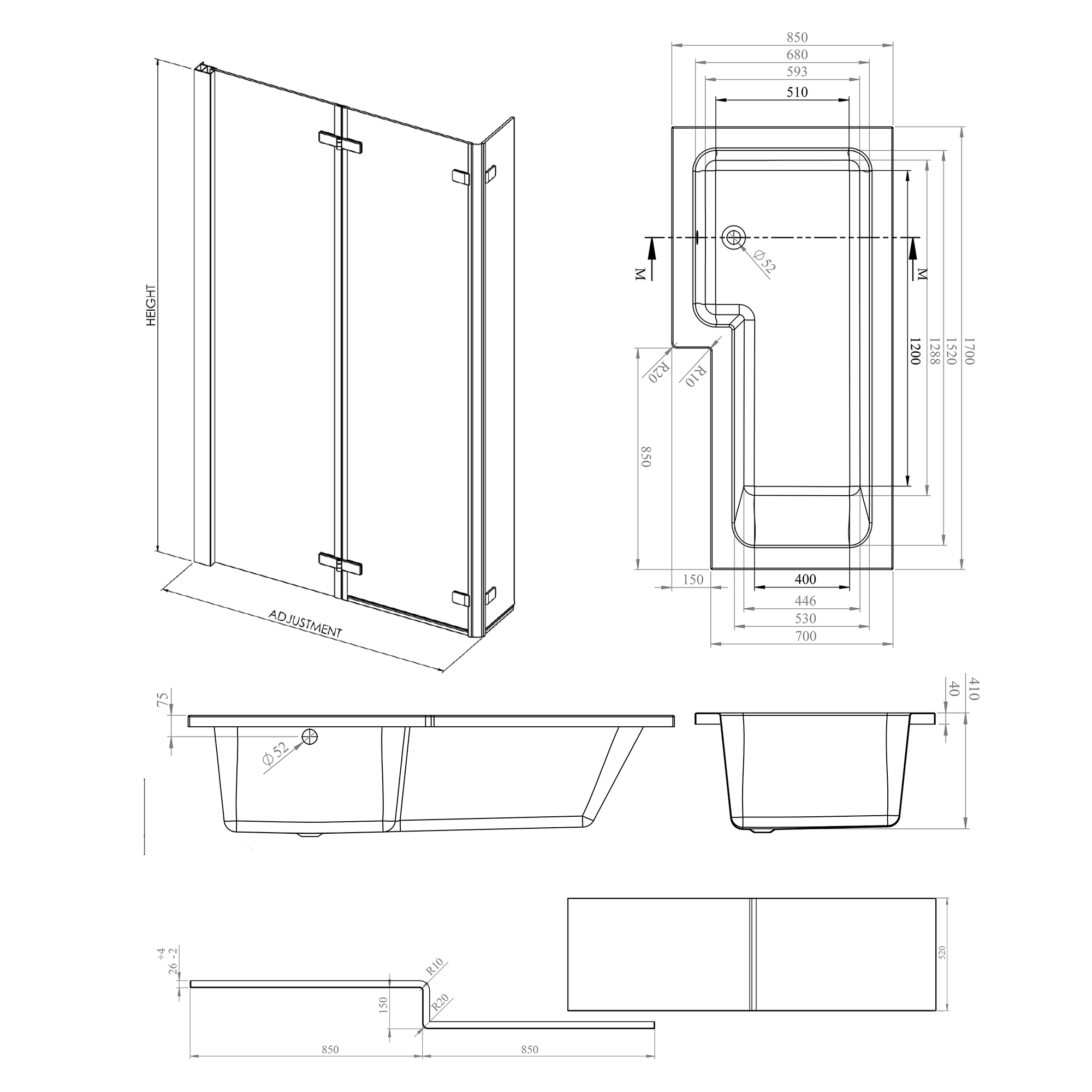 Armourcast Reinforced L Shape Single Ended Bath with Panel & Shower Screen - 1700 x 700