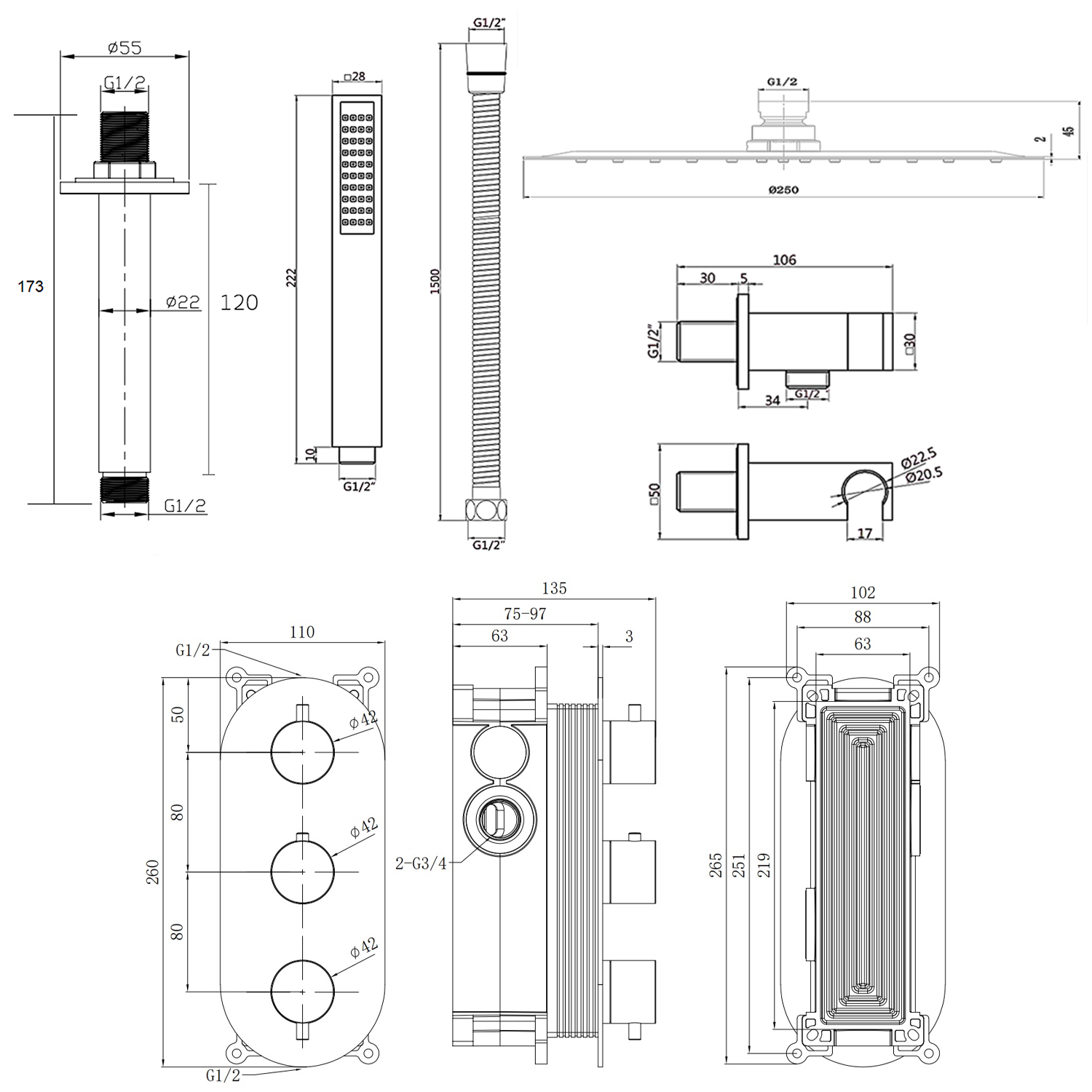 Harbour Clarity Brushed Bronze Shower Package with 2 Outlet Valve, Fixed Head & Ceiling Arm and Wall Shower Kit