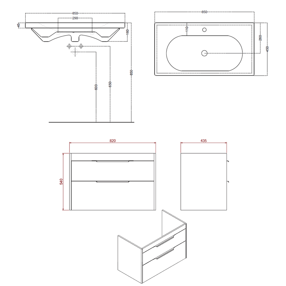 Britton Bathrooms Shoreditch 850mm Double Drawer Wall Mounted Vanity Unit with Brushed Brass Handles & Basin