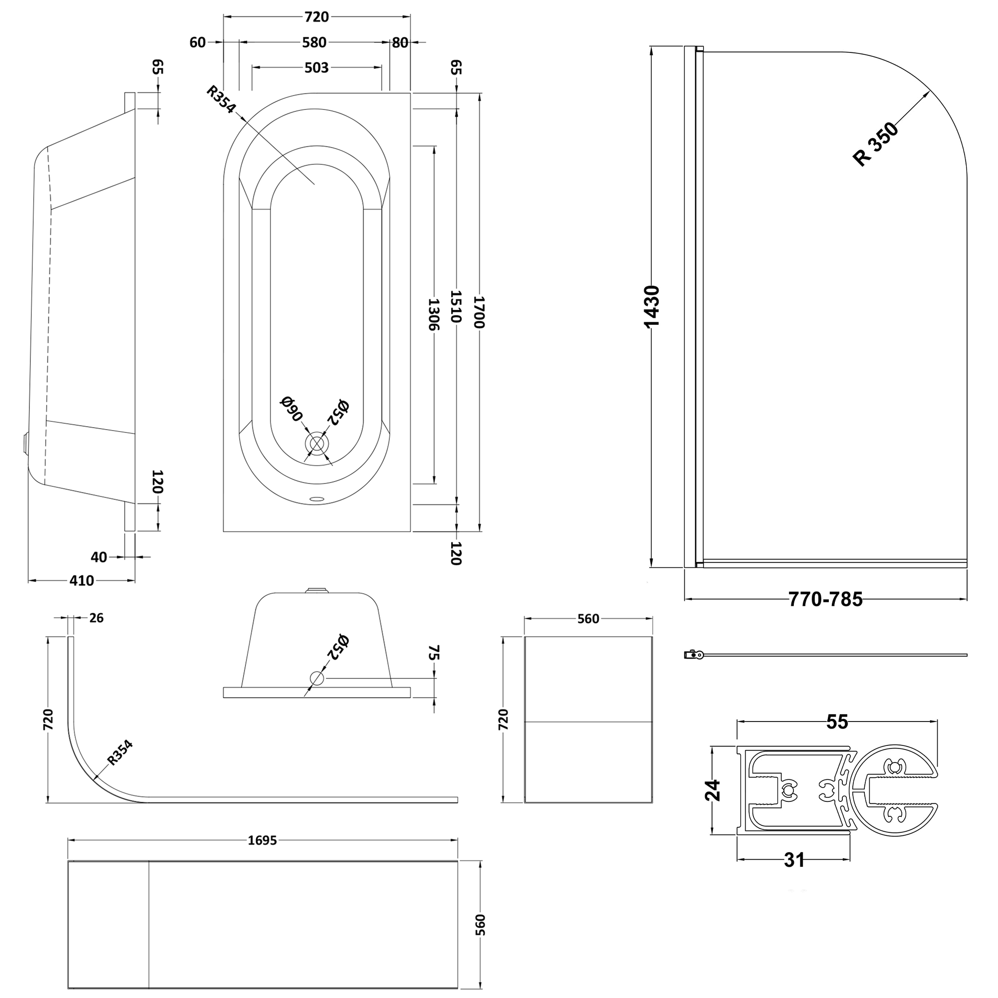 Drench J Shaped Shower Bath with Panel & Shower Screen - 1700mm