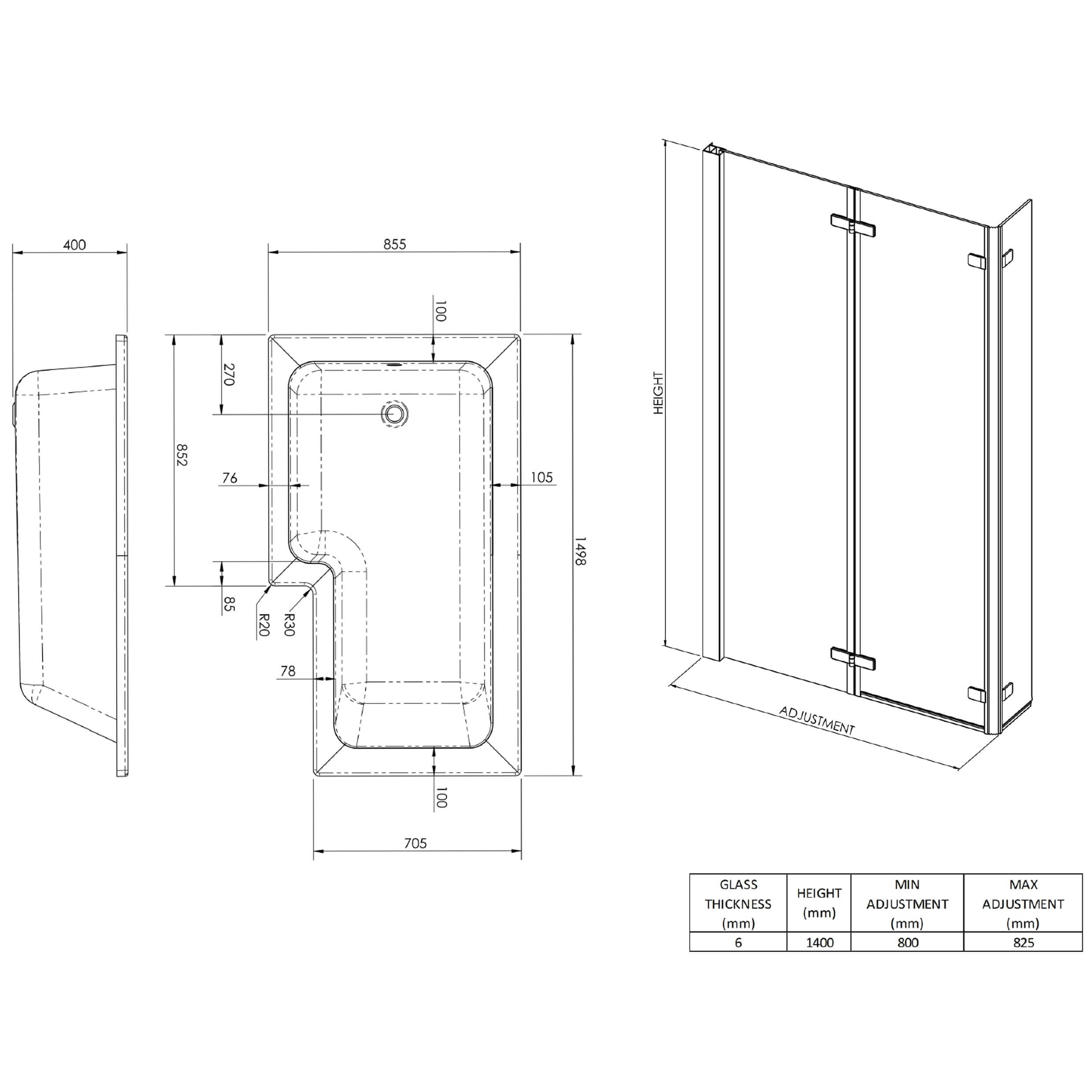 Drench L Shaped Shower Bath with Panel and Shower Screen - 1500mm