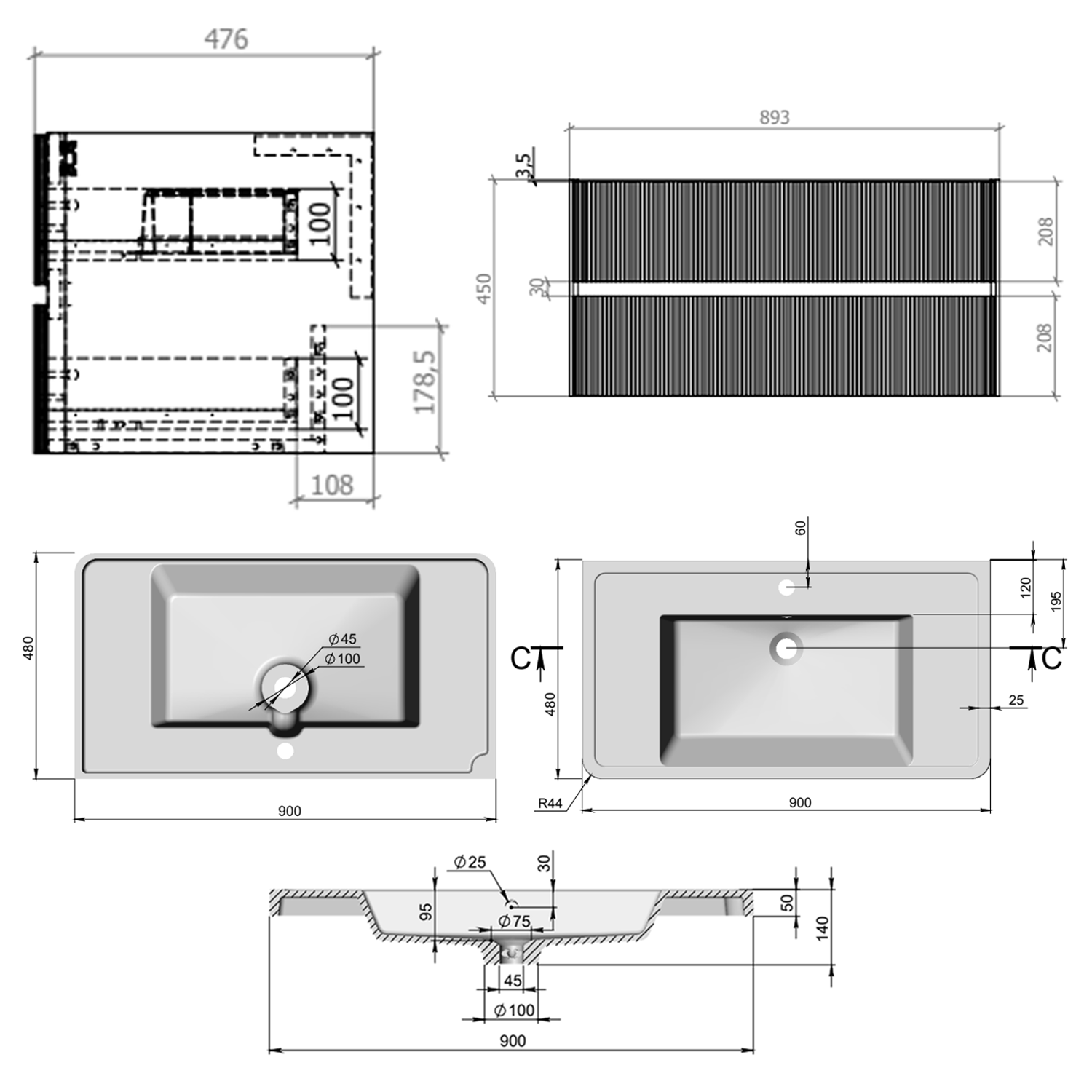 Drench Origin 900mm Fluted Wall Mounted Vanity Unit & Basin