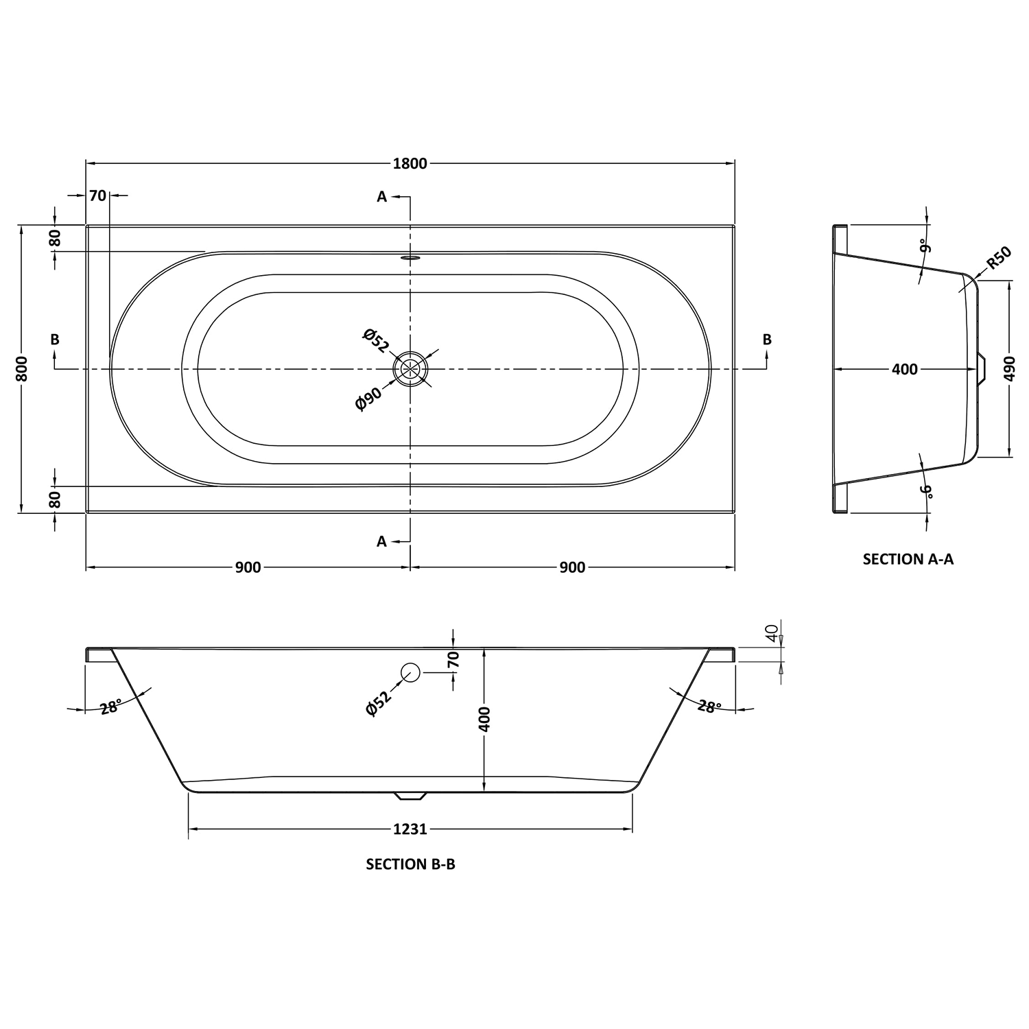 Drench Straight Double Ended Bath - Curved