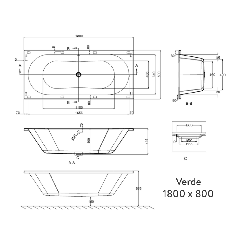 Britton Bathrooms Verde Reinforced Double Ended Bath - 1600, 1700 & 1800mm