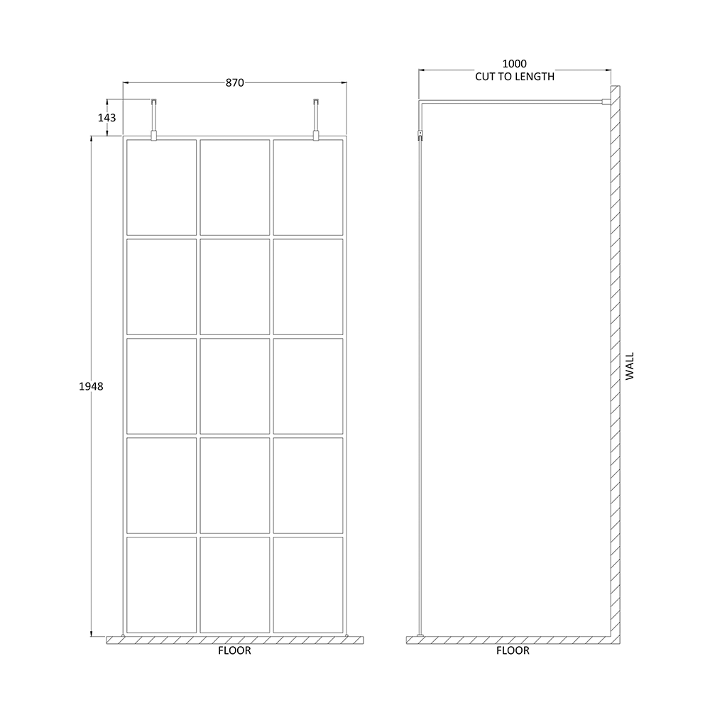 Vellamo City 8mm Easy Clean Matt Black Framed Freestanding Walk In Panel & Wall Arms