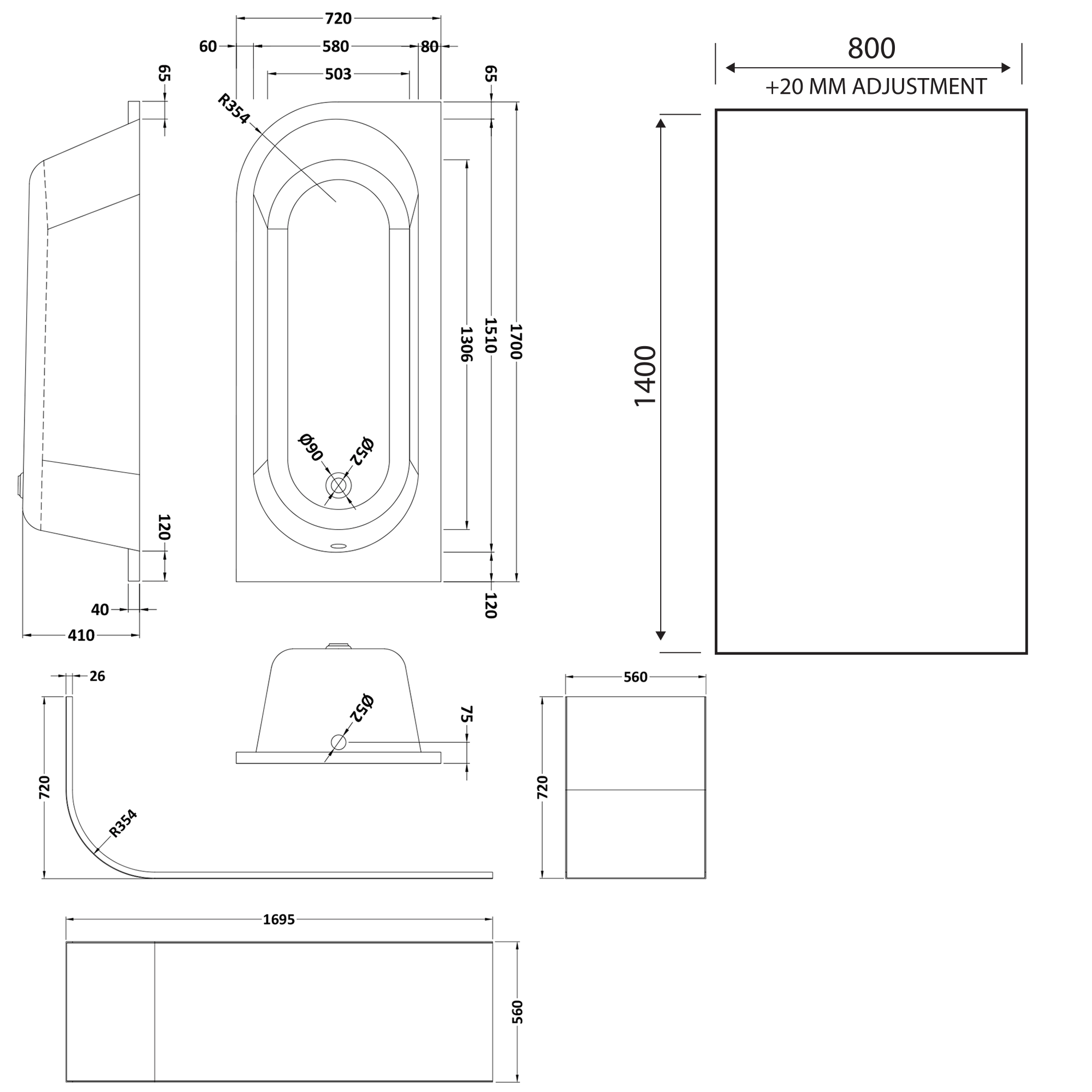 Drench J Shaped Shower Bath with Panel & Matt Black Shower Screen - 1700mm