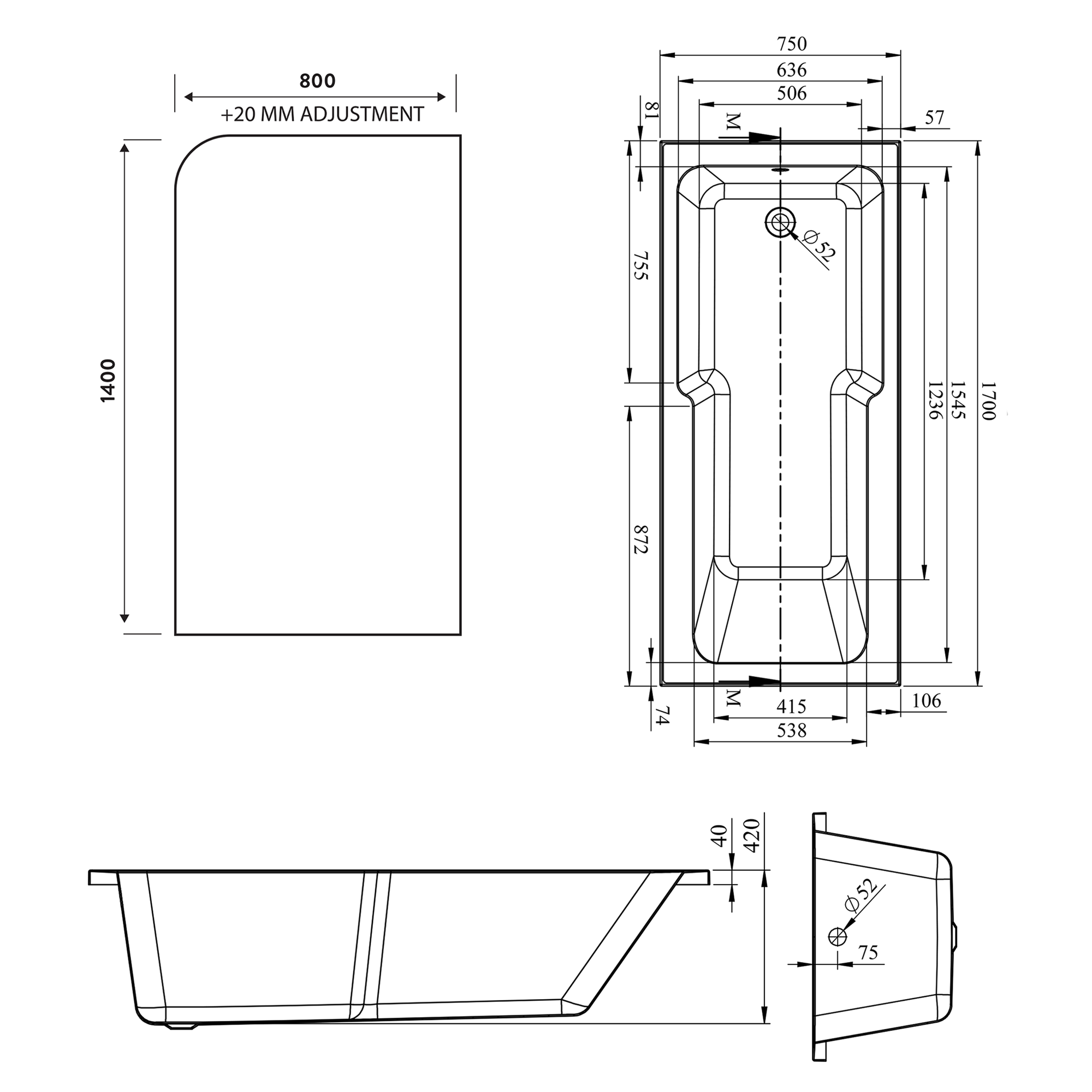 Armourcast Reinforced Keyhole Shower Bath with Shower Screen - 1700mm