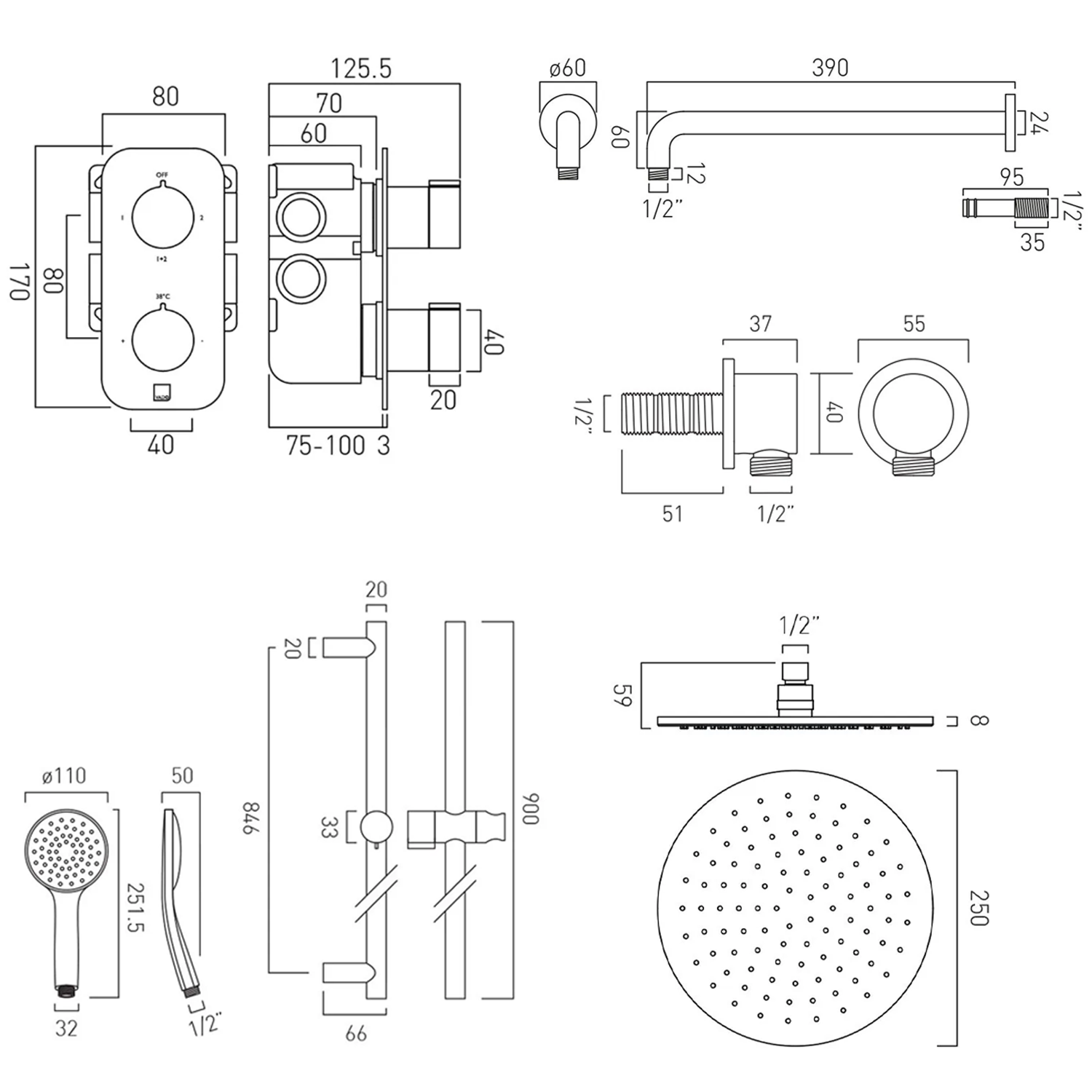 Vado Individual Tablet Altitude 2 Outlet Concealed Thermostatic Valve, Fixed Head & Shower Rail Kit