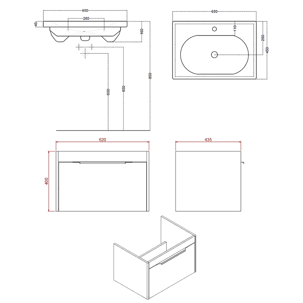Britton Bathrooms Shoreditch 650mm Single Drawer Wall Mounted Vanity Unit with Brushed Brass Handle & Basin
