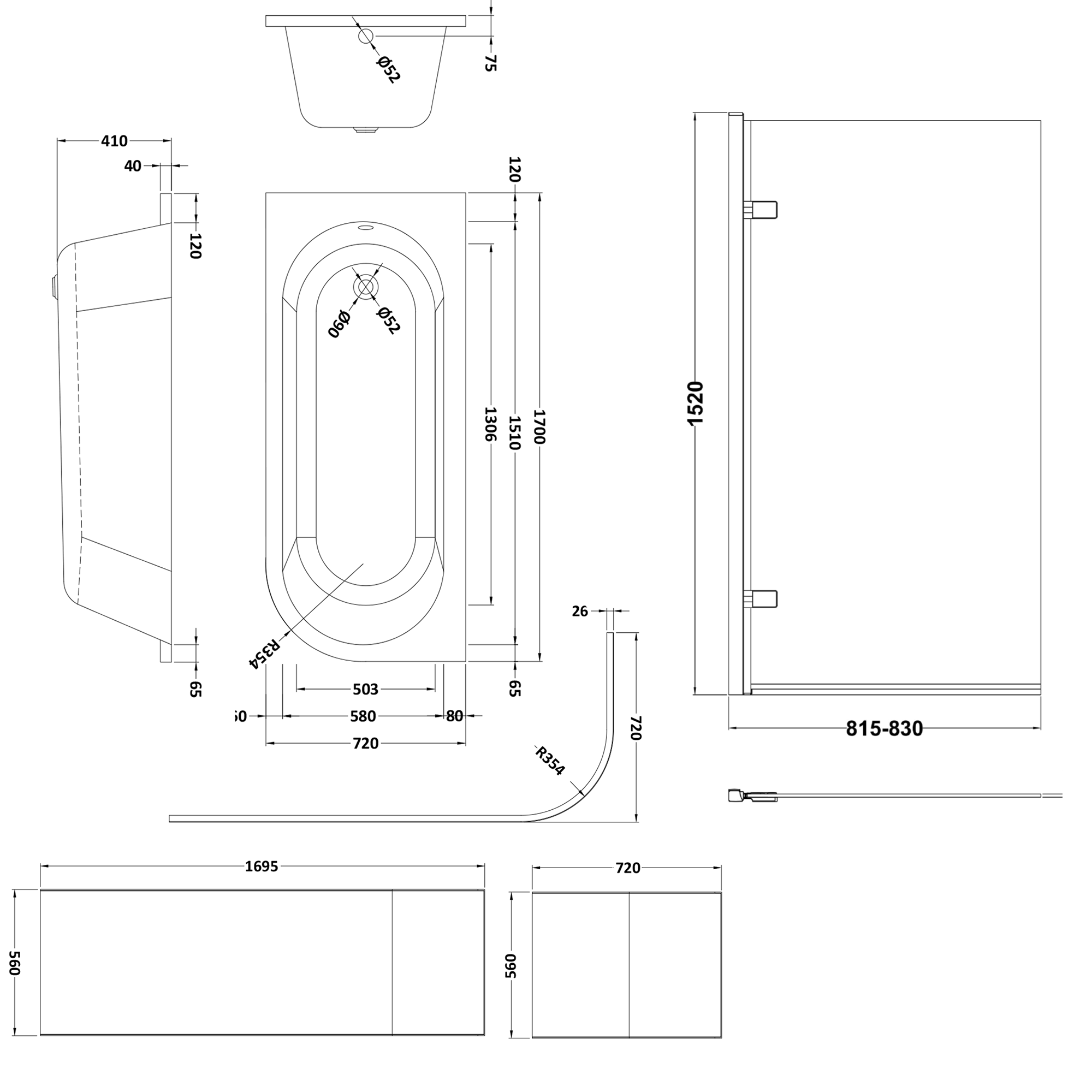 Drench J Shaped Shower Bath with Panel & Shower Screen - 1700mm