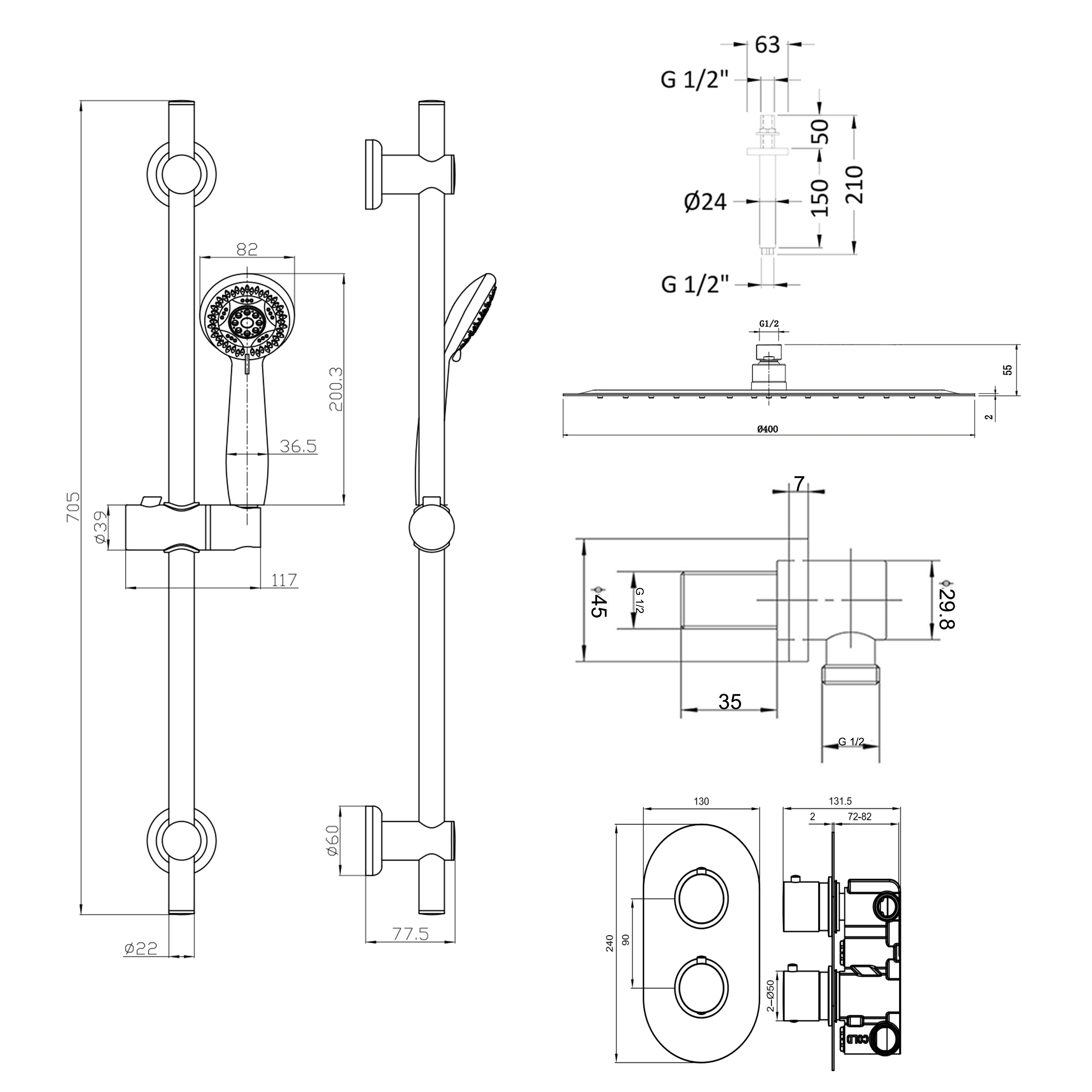 Orla Concealed Shower Valve, Fixed Head & Slide Rail Kit