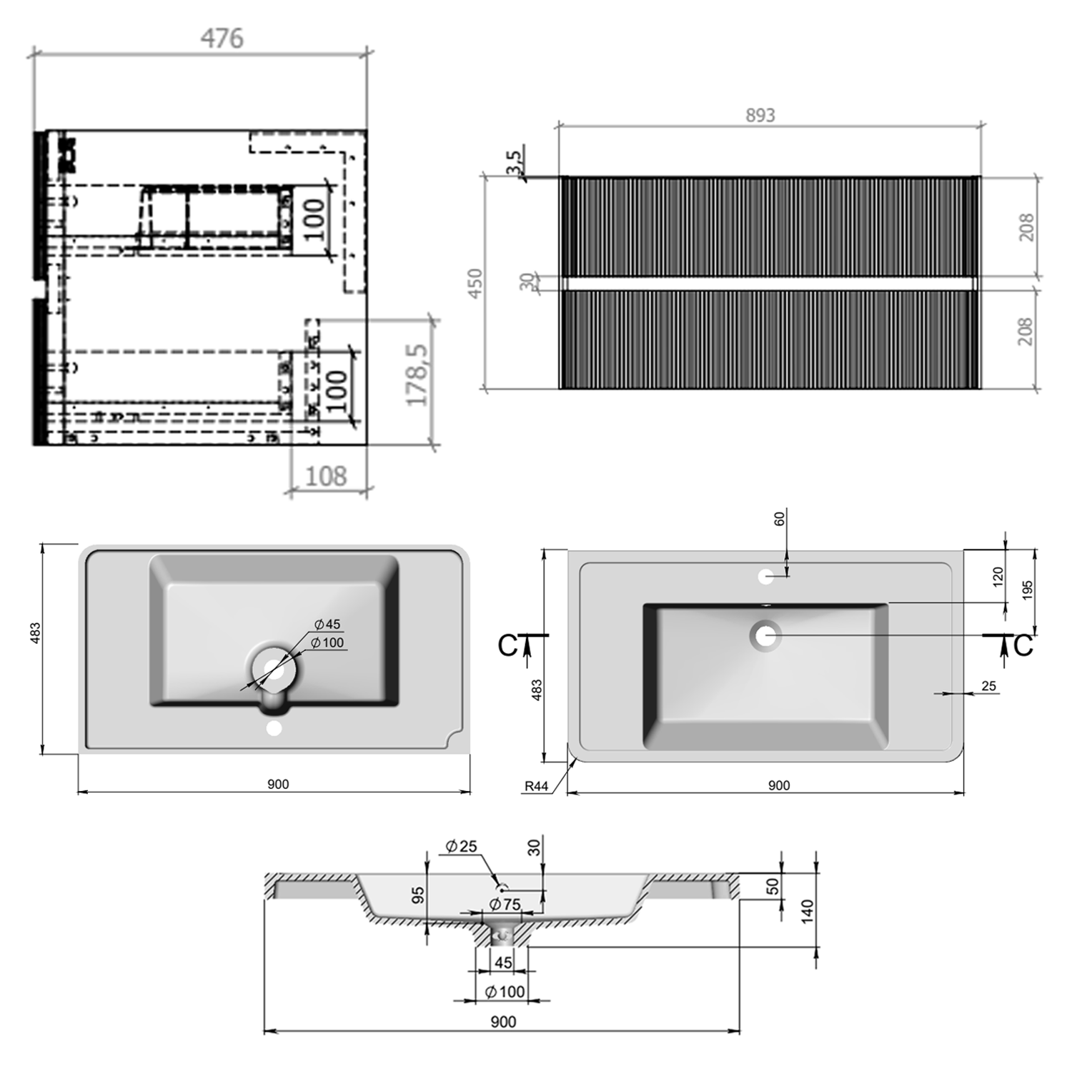 Drench Origin 900mm Fluted Wall Mounted Vanity Unit & Basin