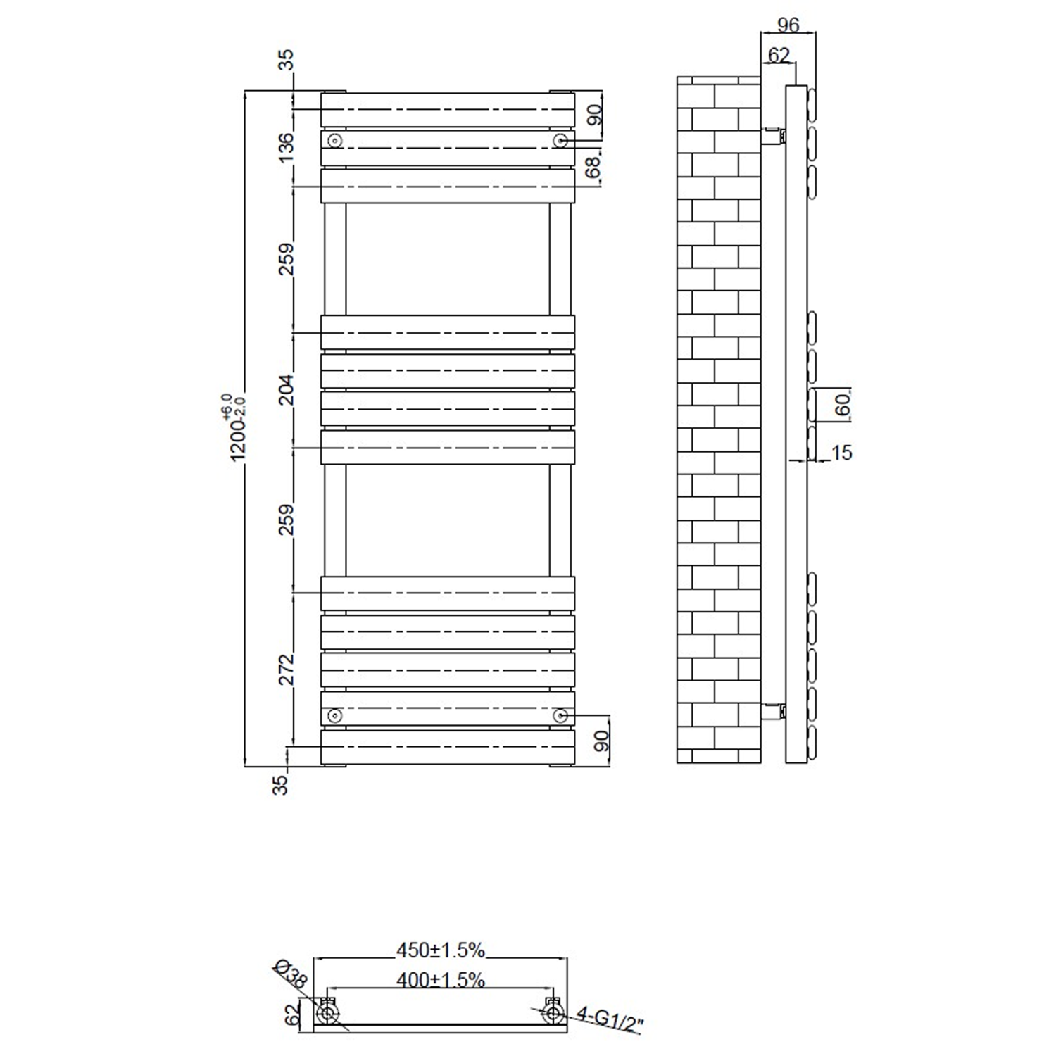 Brenton Avezzano Anthracite Flat Panel Heated Towel Rail - 1200 x 450mm