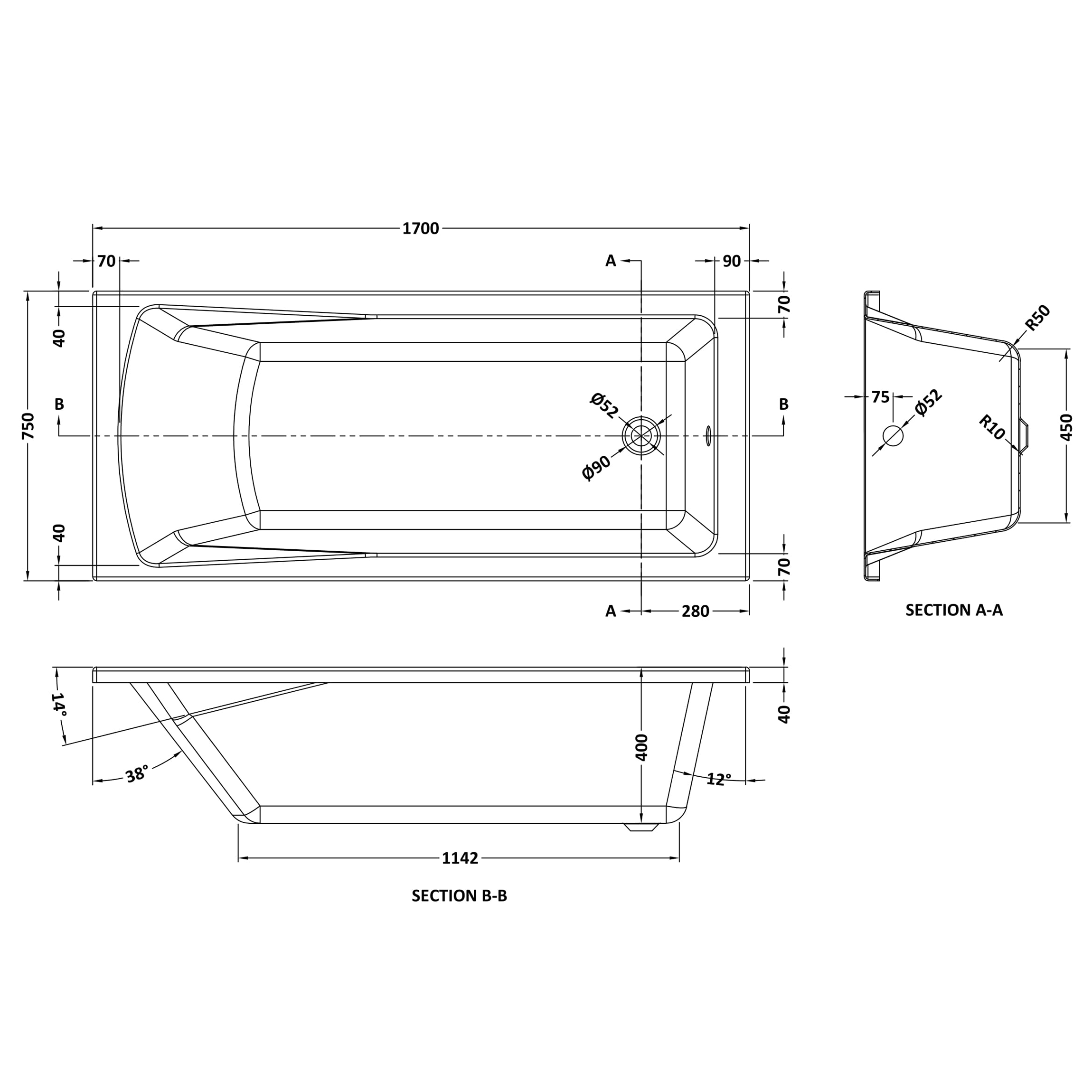 Drench Straight Single Ended Bath - Square