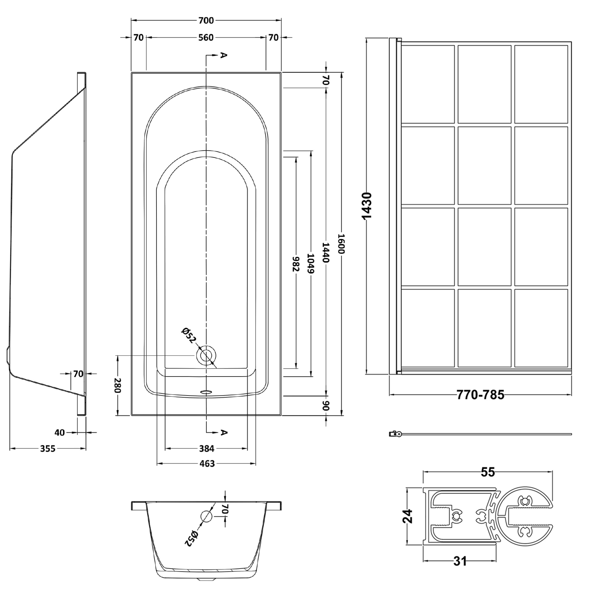 Drench Straight Single Ended Curved Bath & Shower Screen
