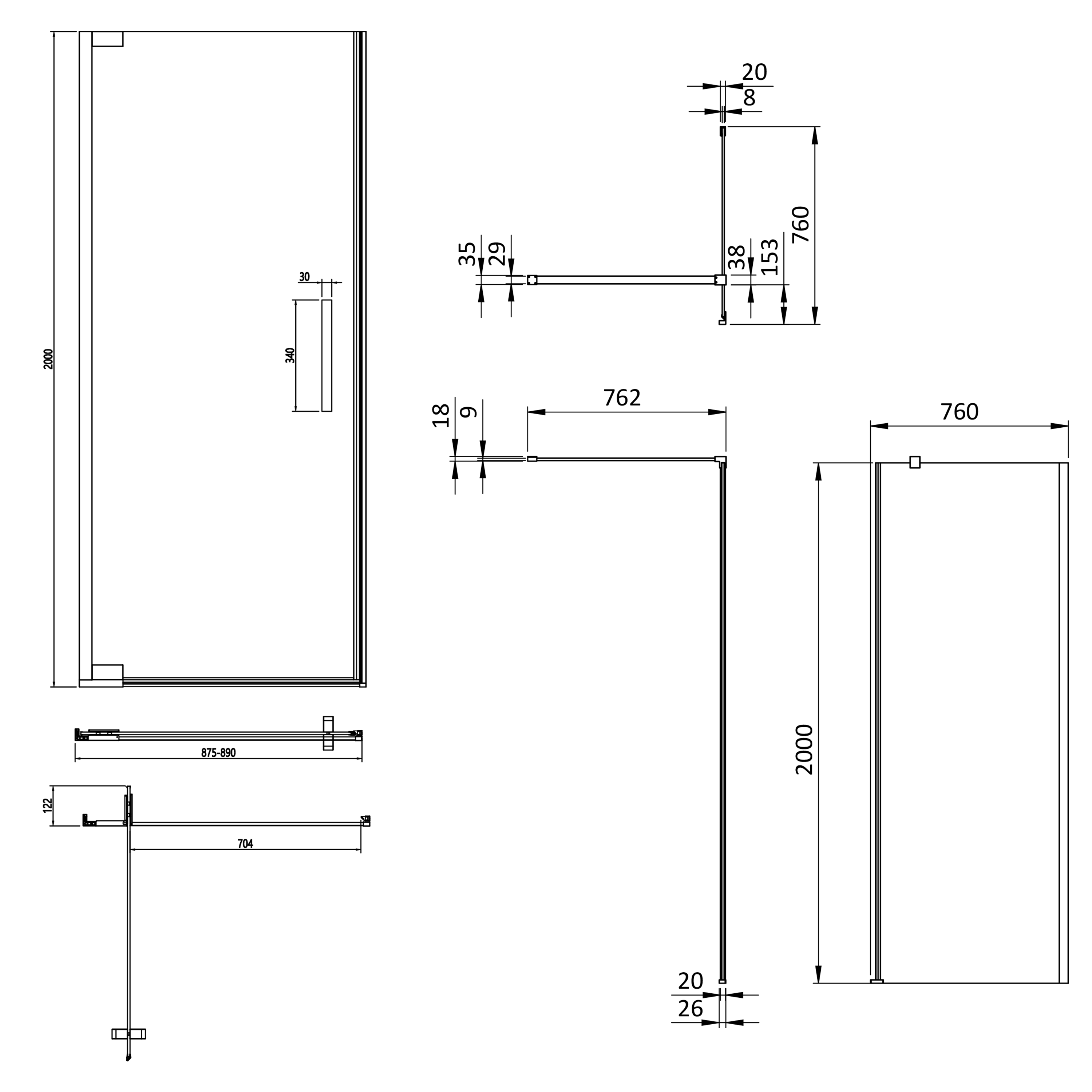 Crosswater Asura 8mm Brushed Brass Hinged Shower Door & Optional Side Panel