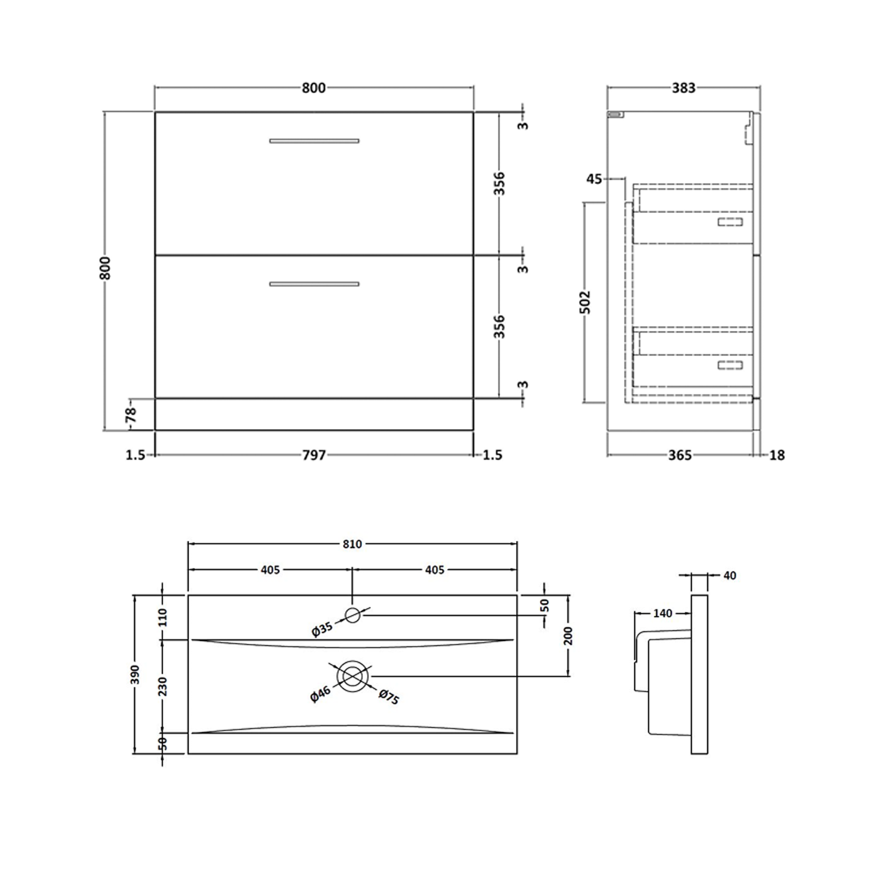 Erin 800mm Floorstanding 2 Drawer Vanity Unit & Basin