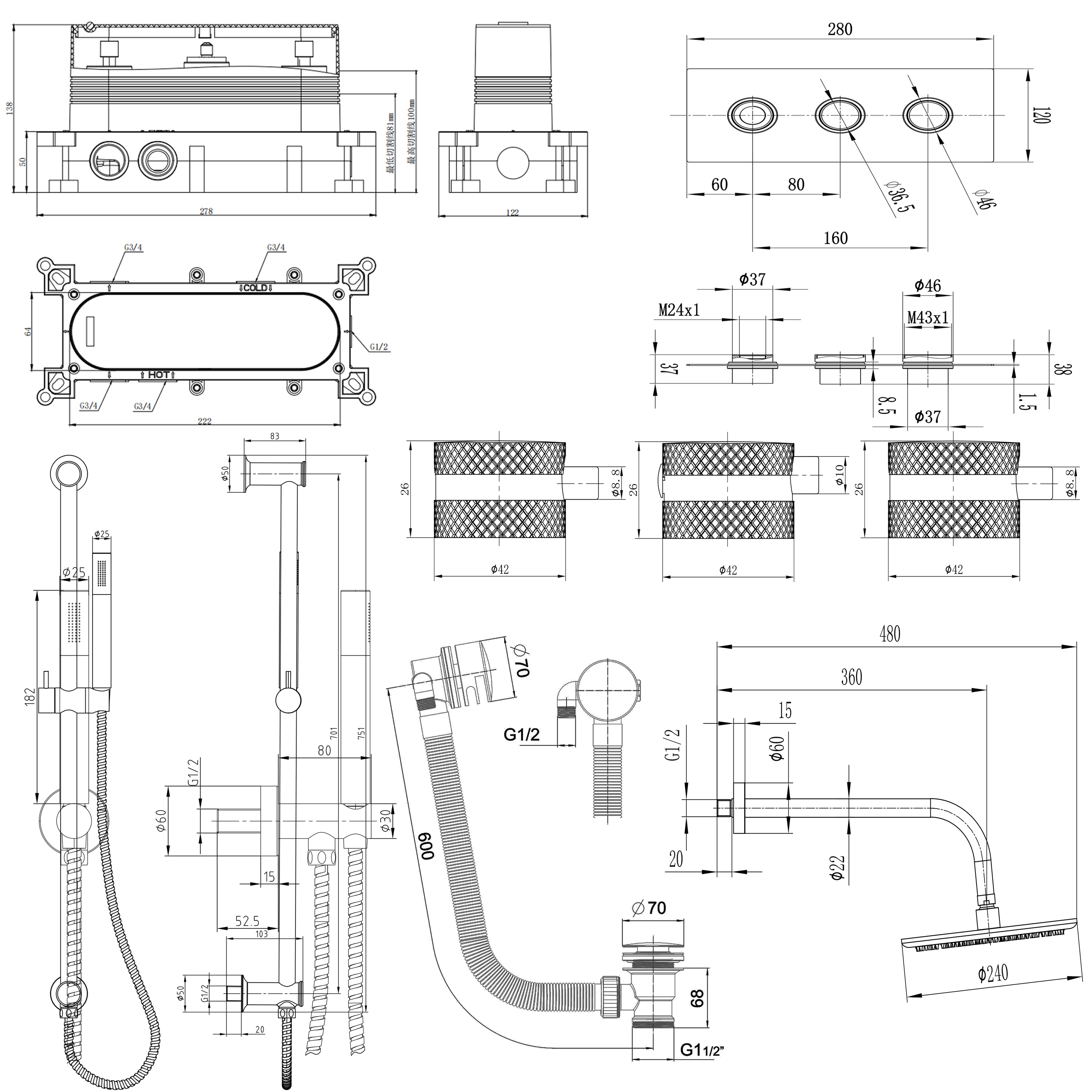Core Shower Package with 3 Outlet Concealed Valve, Fixed Shower Head, Slide Rail Kit & Overflow Bath Filler