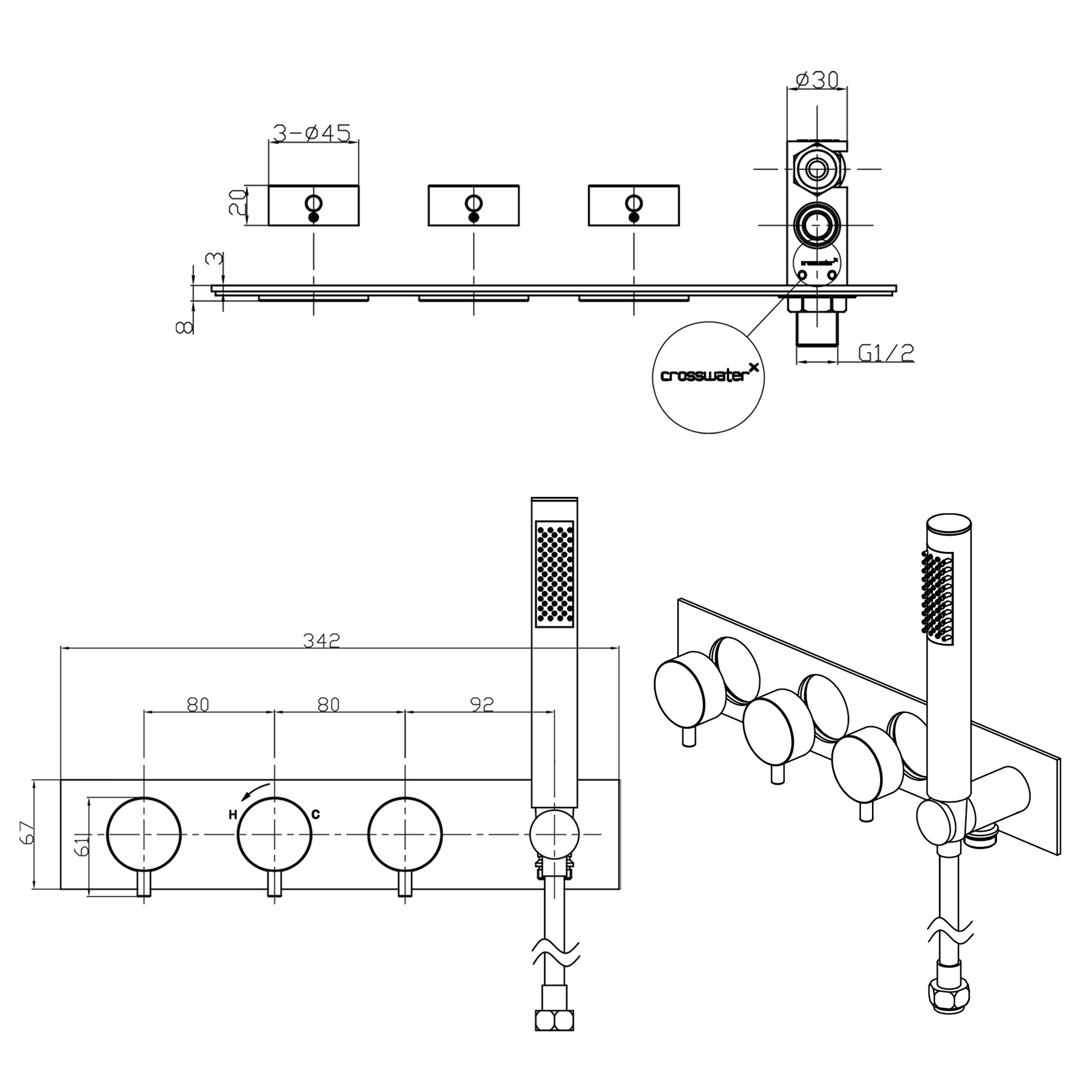 Crosswater Dial Kai Lever Concealed Thermostatic 2 Outlet Shower Valve with Slimline Shower Handset