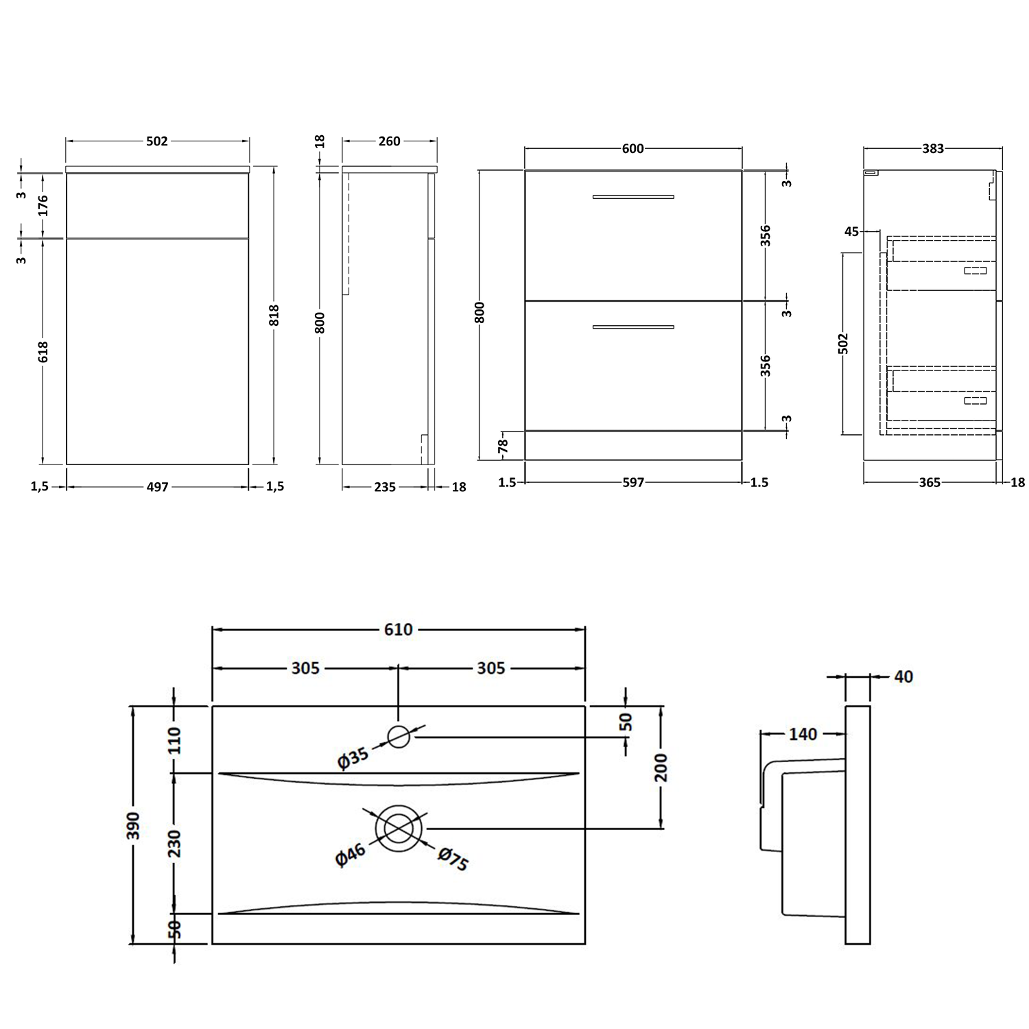 Erin 1100mm 2 Drawer Combination Basin & Toilet Unit