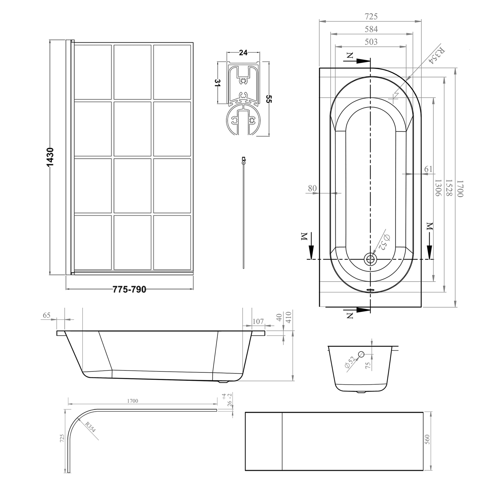 Armourcast Reinforced J Shaped Shower Bath with Panel & Matt Black Shower Screen - 1700mm