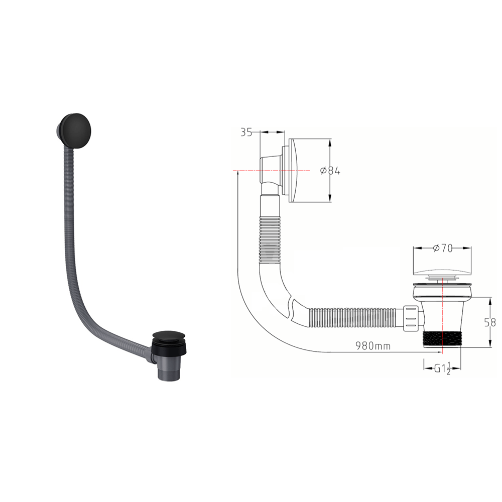 Vellamo Matt Black Clicker Bath Waste & Overflow