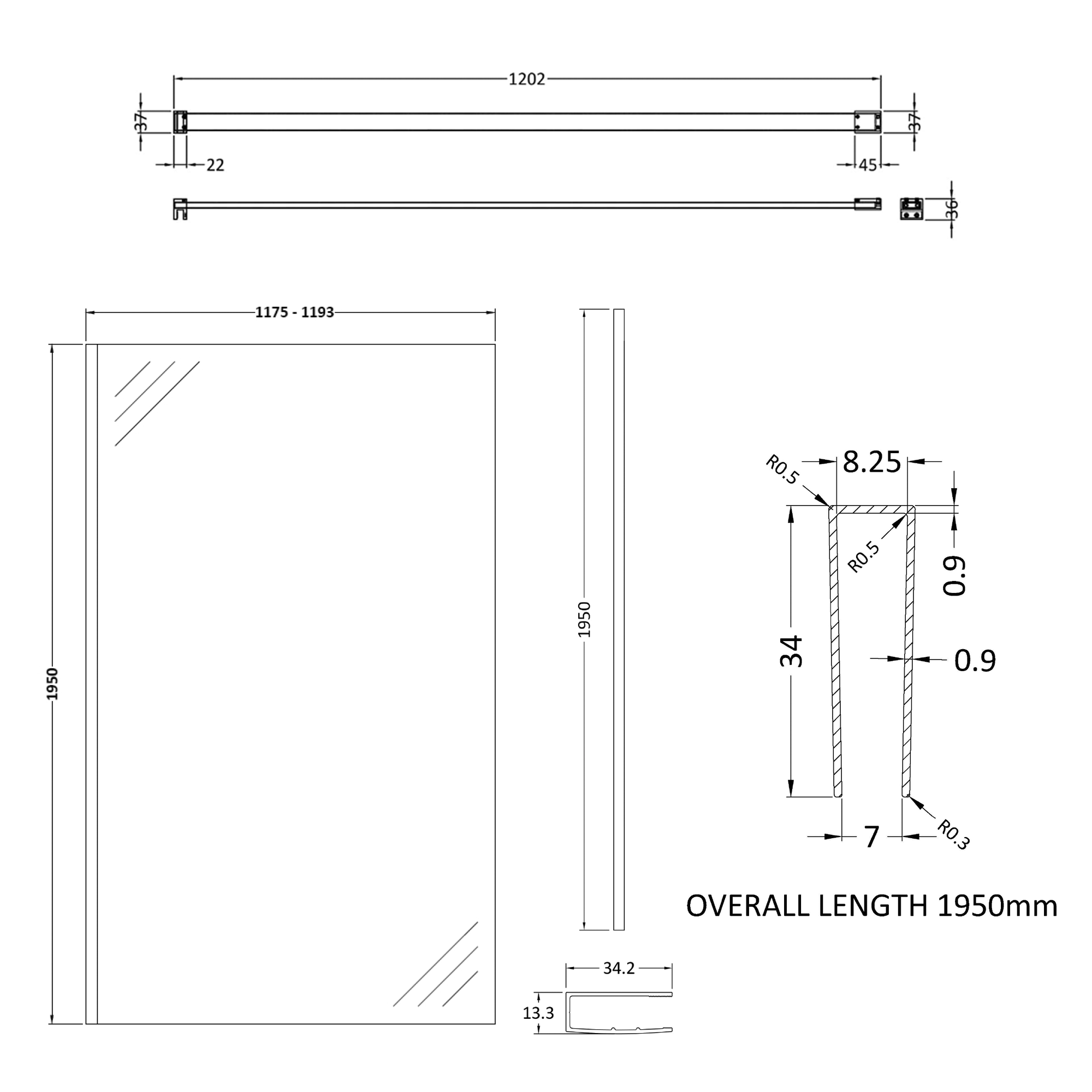 Harbour Frame Matt Black Walk in Glass Shower Screen with Support Bar