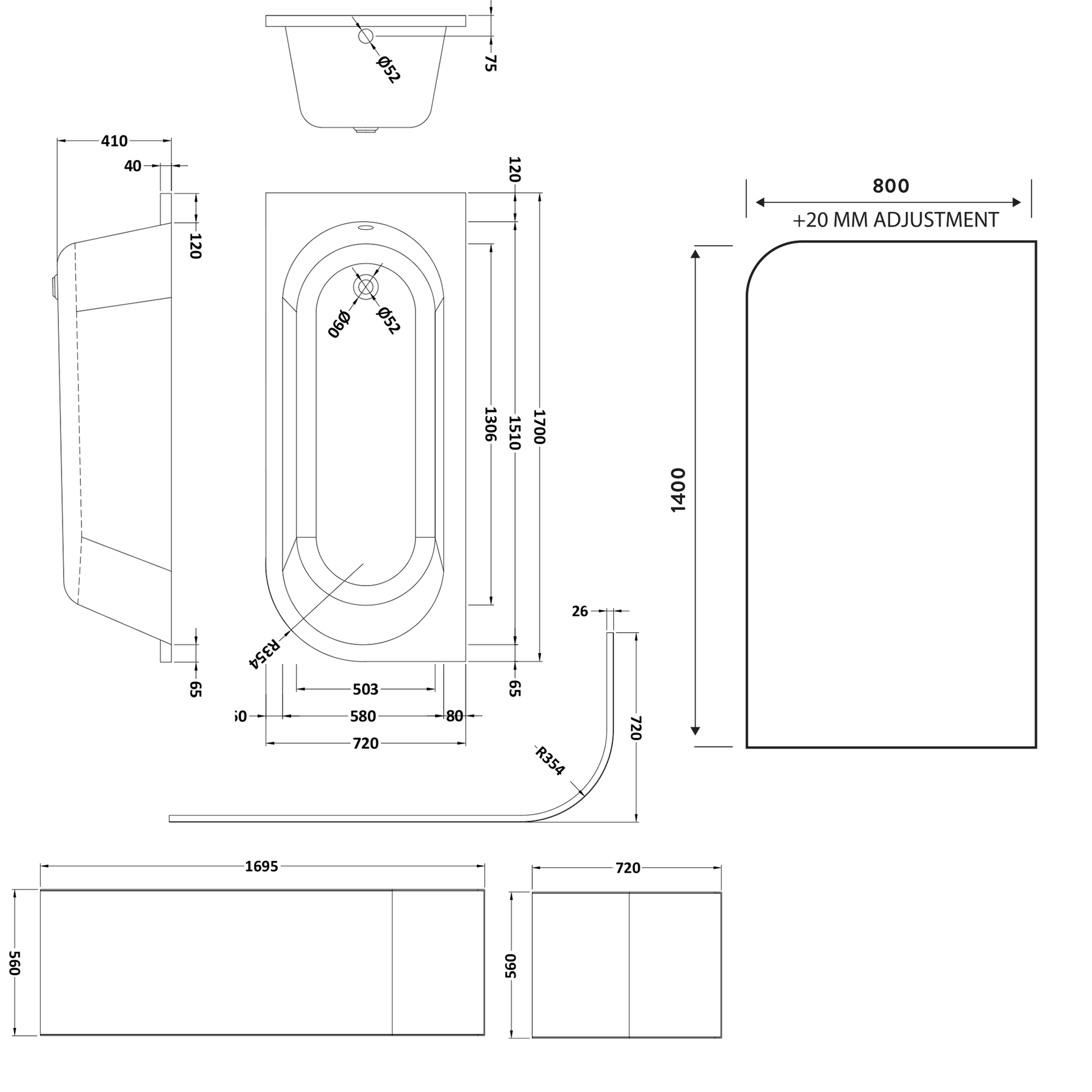 Drench J Shaped Shower Bath with Panel & Shower Screen - 1700mm