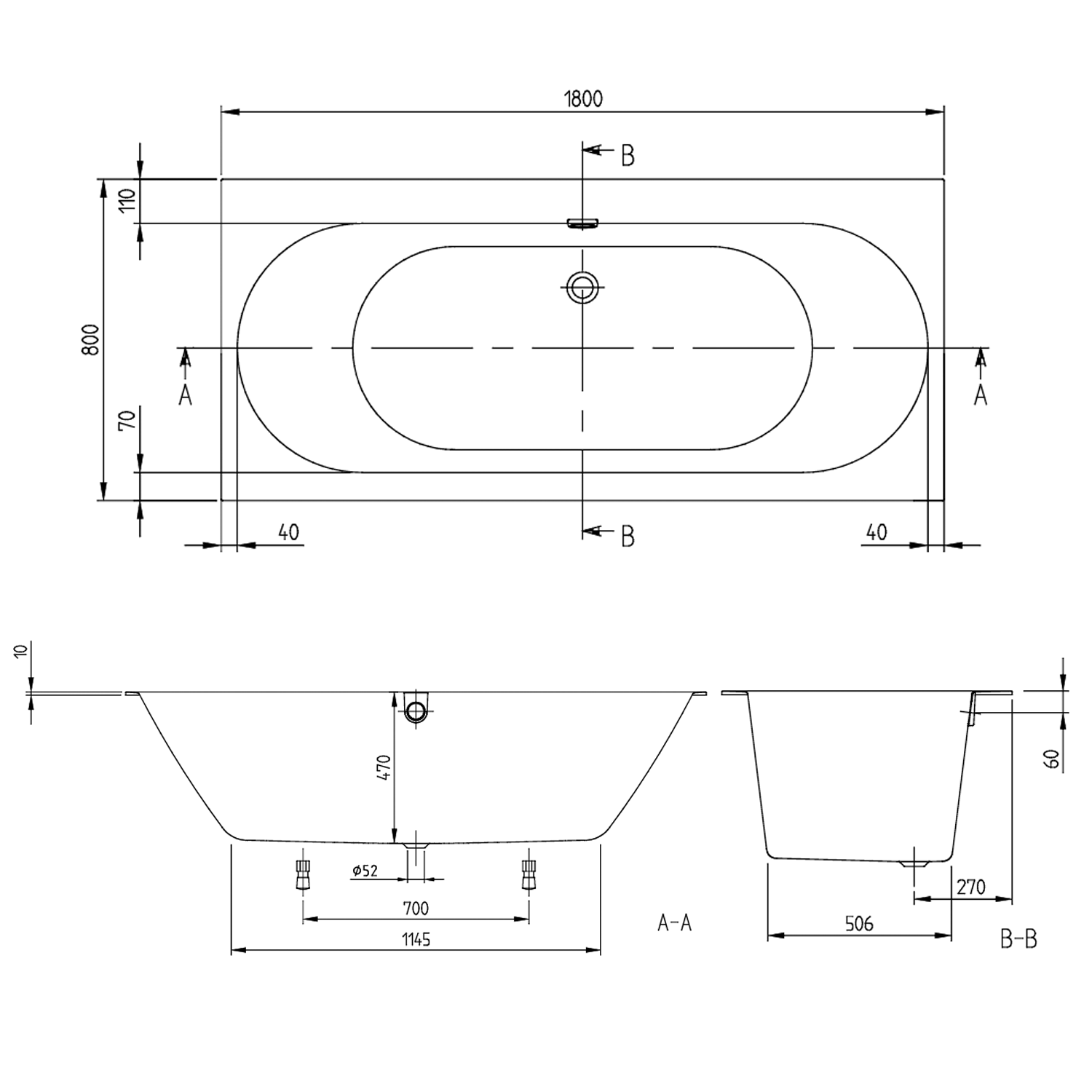 Villeroy & Boch Oberon 2.0 Quaryl Straight Double Ended Bath - 1700 & 1800mm