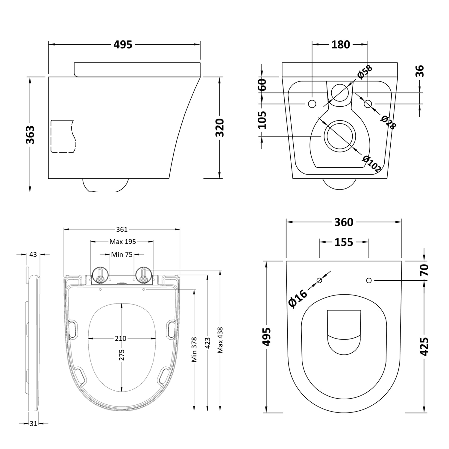 Harbour Acclaim Rimless Short Projection Wall Hung Toilet & Soft Close Seat