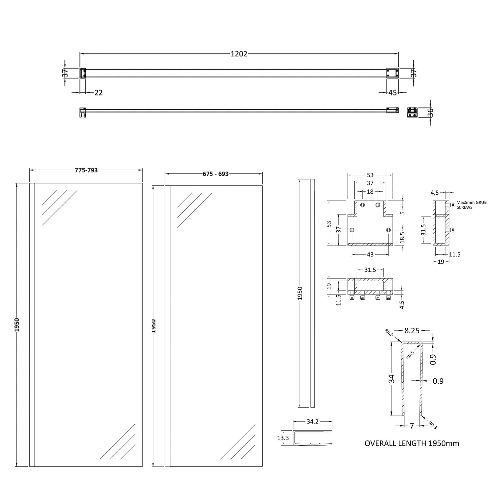Harbour Frame Brushed Brass Walk in Glass Shower Screen 2 Panel Pack with Support Bar